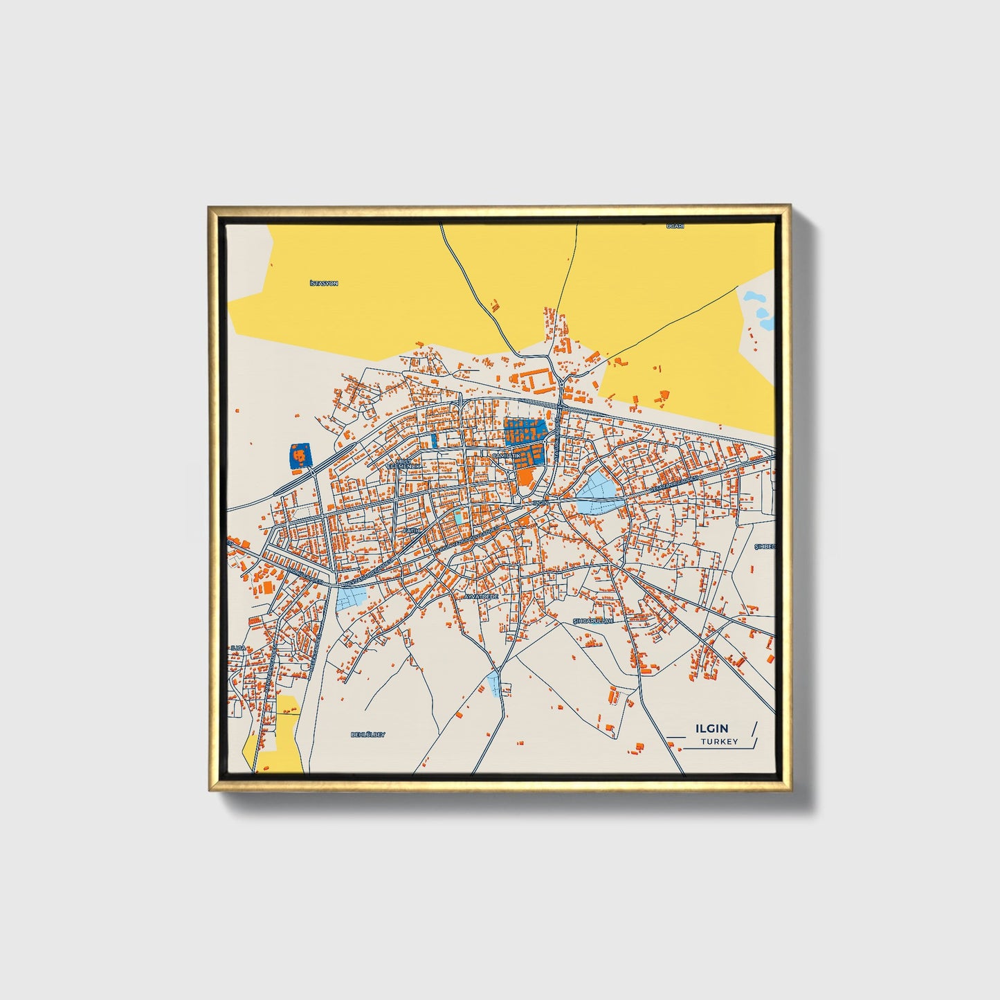 Ilgin Turkey Colorful City Map Canvas Print • Gold Framed