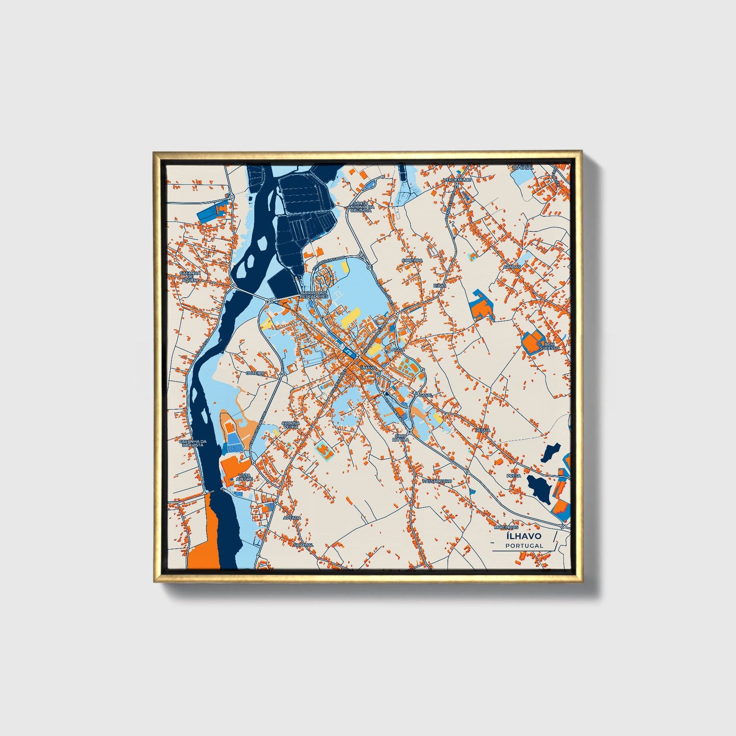Ílhavo Portugal Colorful City Map Canvas Print • Gold Framed