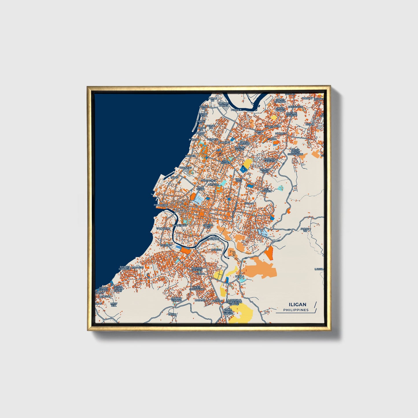 Iligan Philippines Colorful City Map Canvas Print • Gold Framed