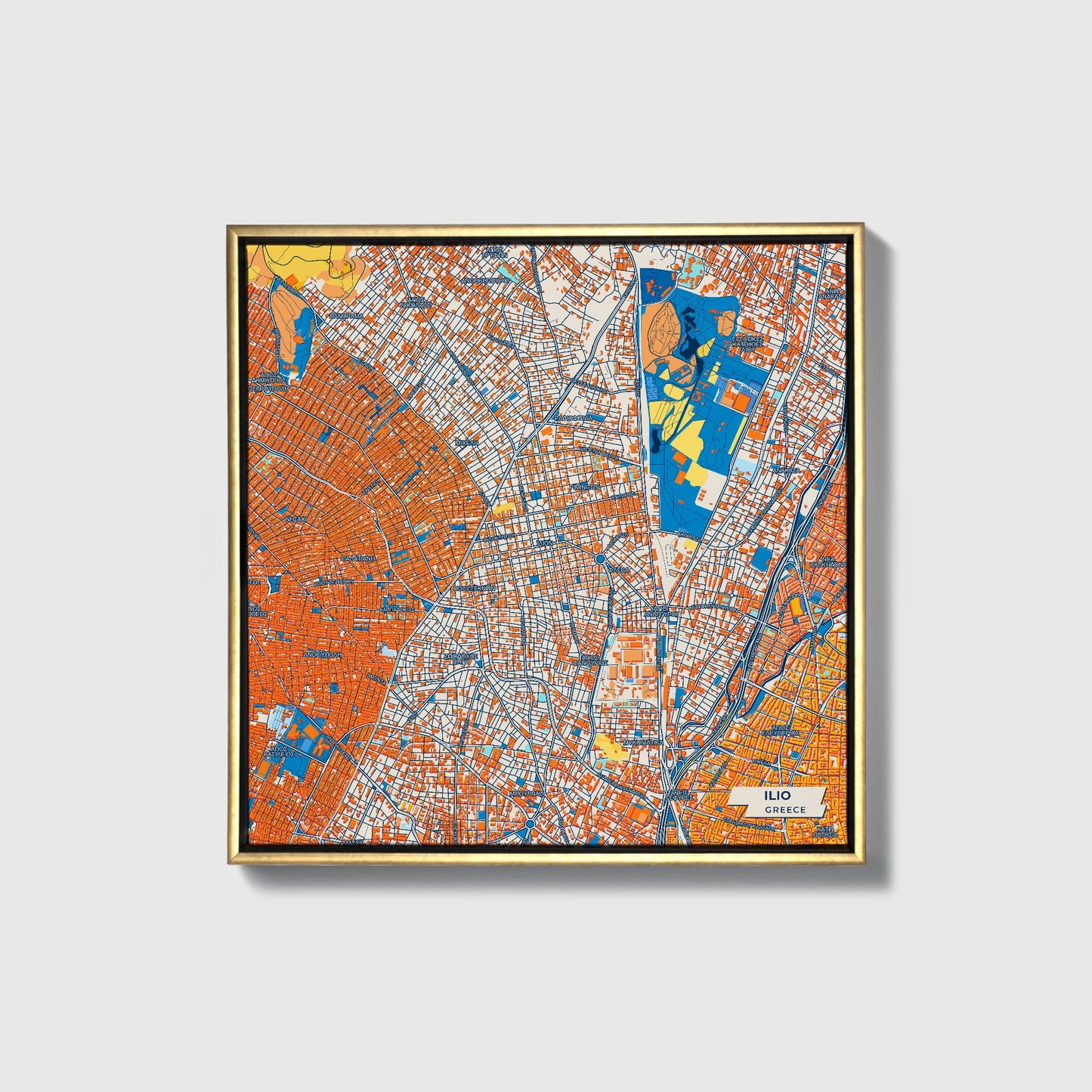 Ilio Greece Colorful City Map Canvas Print • Gold Framed