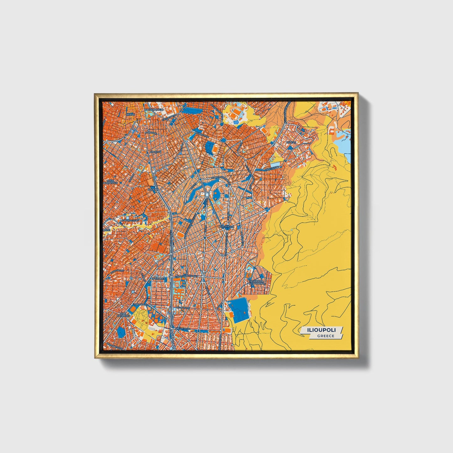 Ηλιουπολη Greece Colorful City Map Canvas Print • Gold Framed