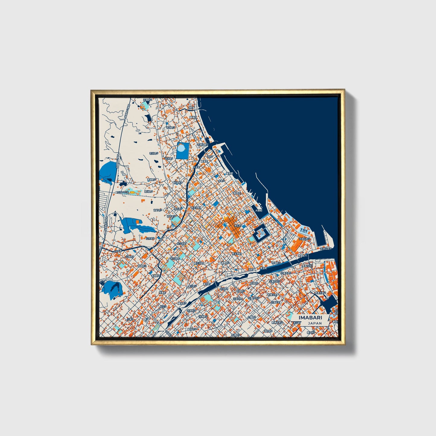 Imabari Japan Colorful City Map Canvas Print • Gold Framed