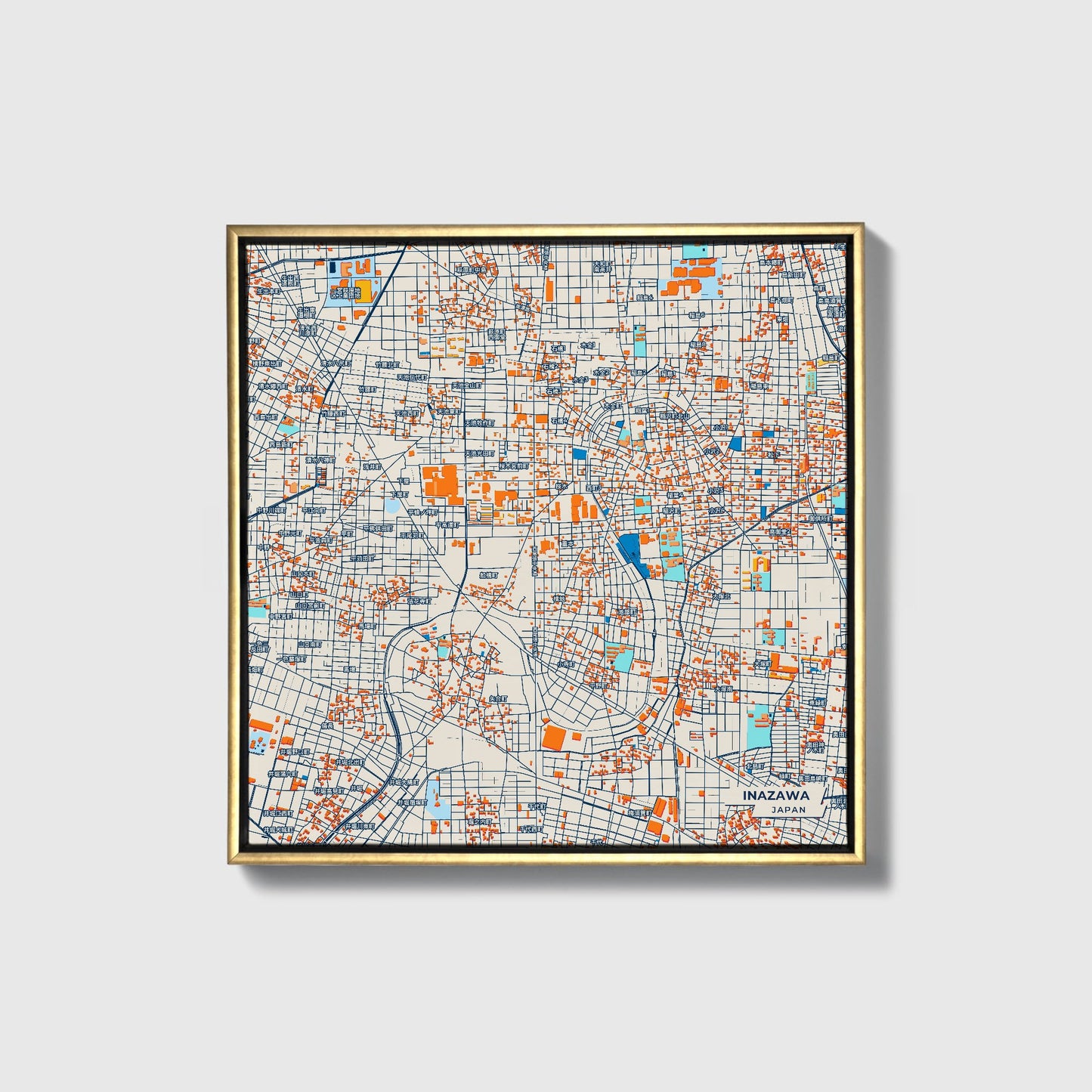 Inazawa Japan Colorful City Map Canvas Print • Gold Framed