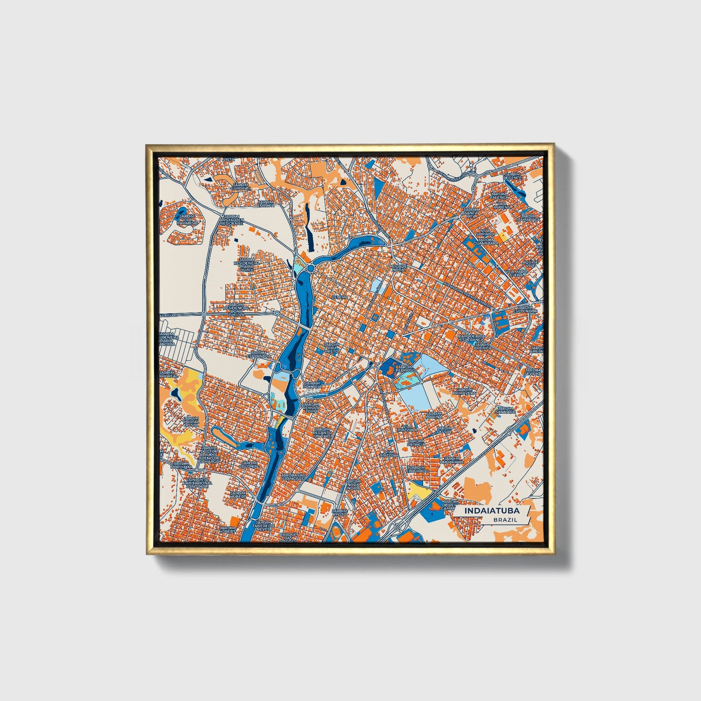 Indaiatuba Brazil Colorful City Map Canvas Print • Gold Framed