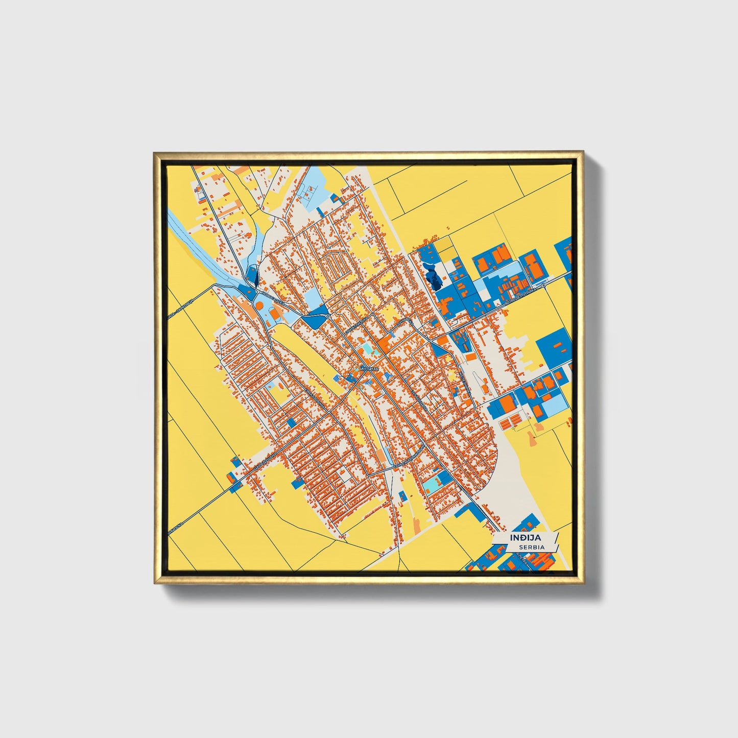Инђија Serbia Colorful City Map Canvas Print • Gold Framed