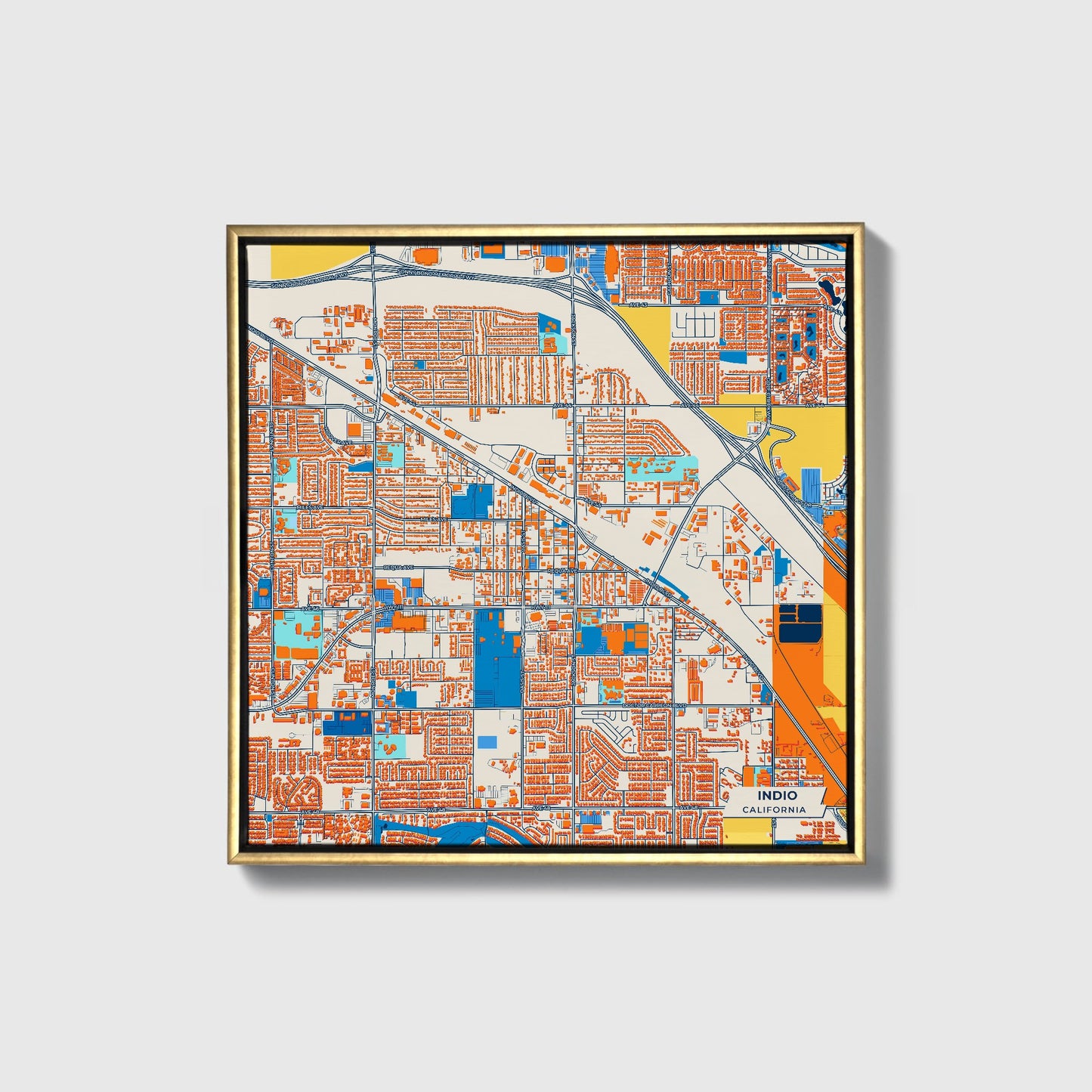 Indio California Colorful City Map Canvas Print • Gold Framed