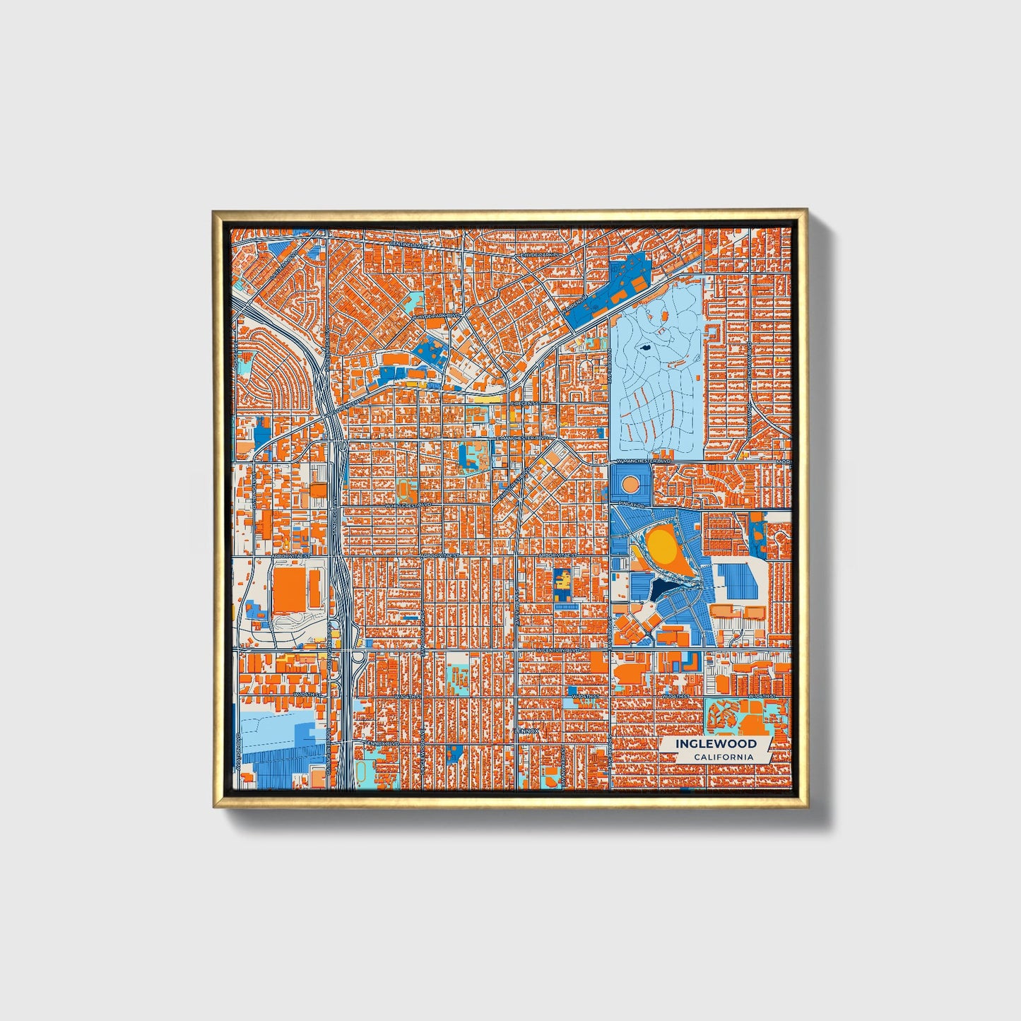 Inglewood California Colorful City Map Canvas Print • Gold Framed
