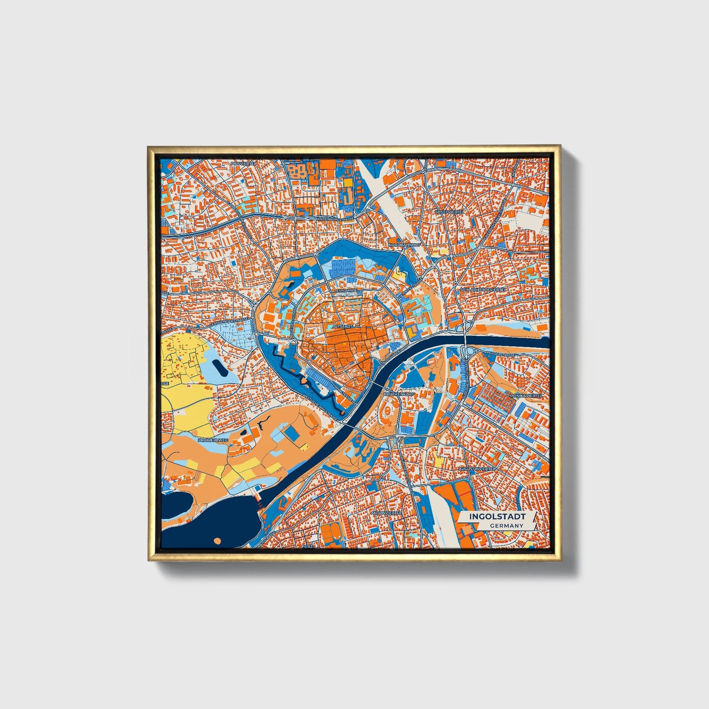 Ingolstadt Germany Colorful City Map Canvas Print • Gold Framed