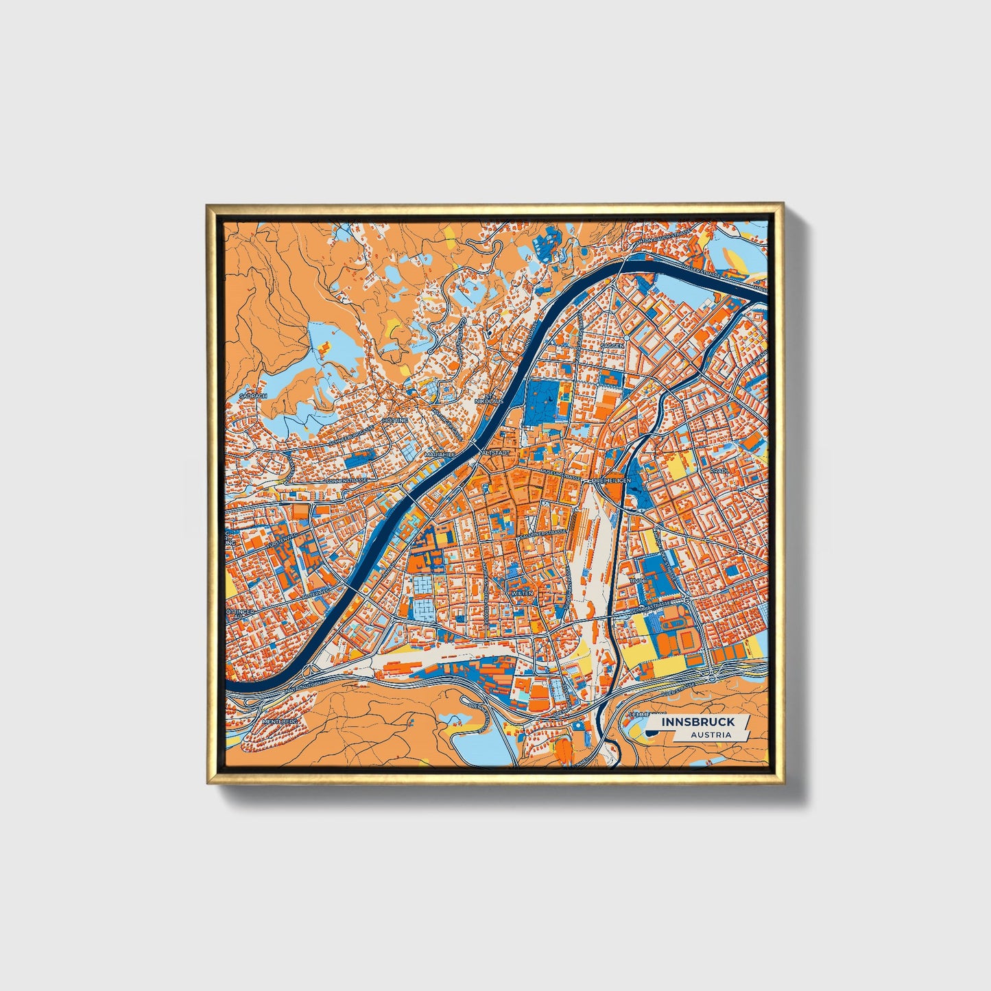 Innsbruck Austria Colorful City Map Canvas Print • Gold Framed