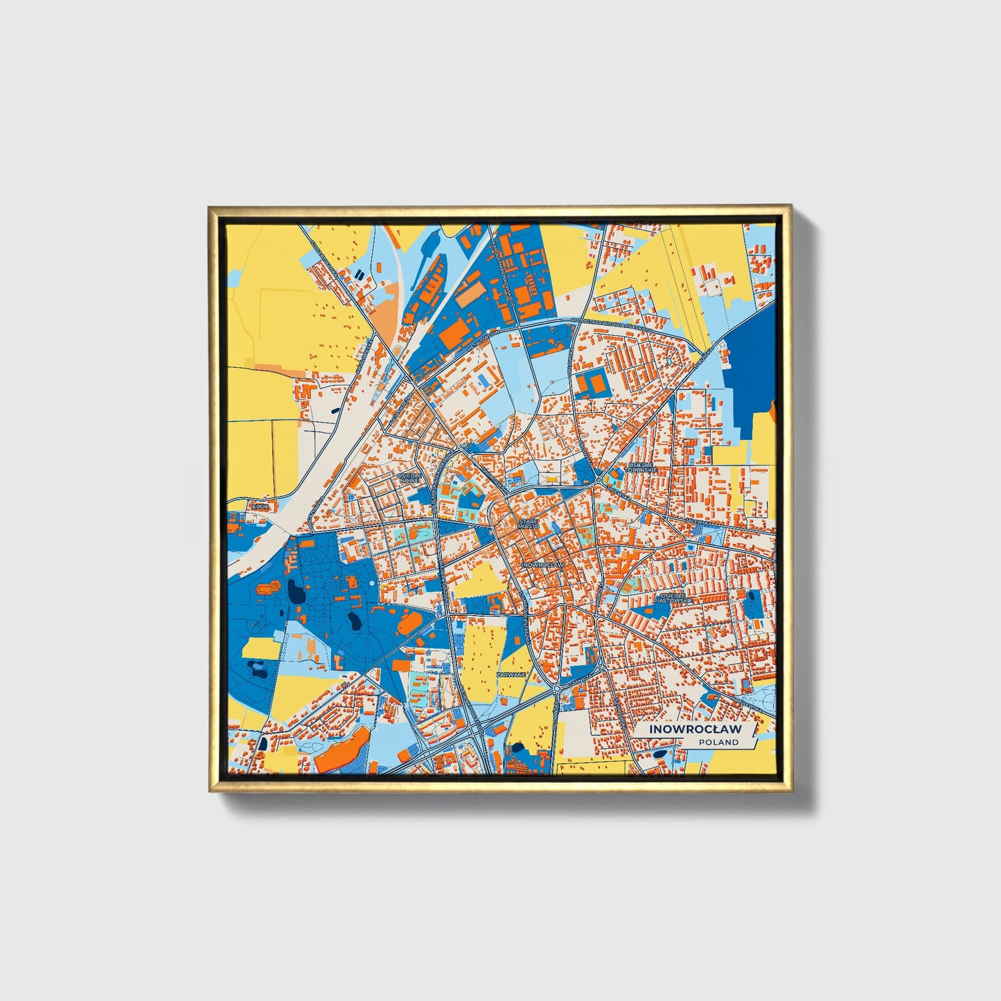 Inowrocław Poland Colorful City Map Canvas Print • Gold Framed