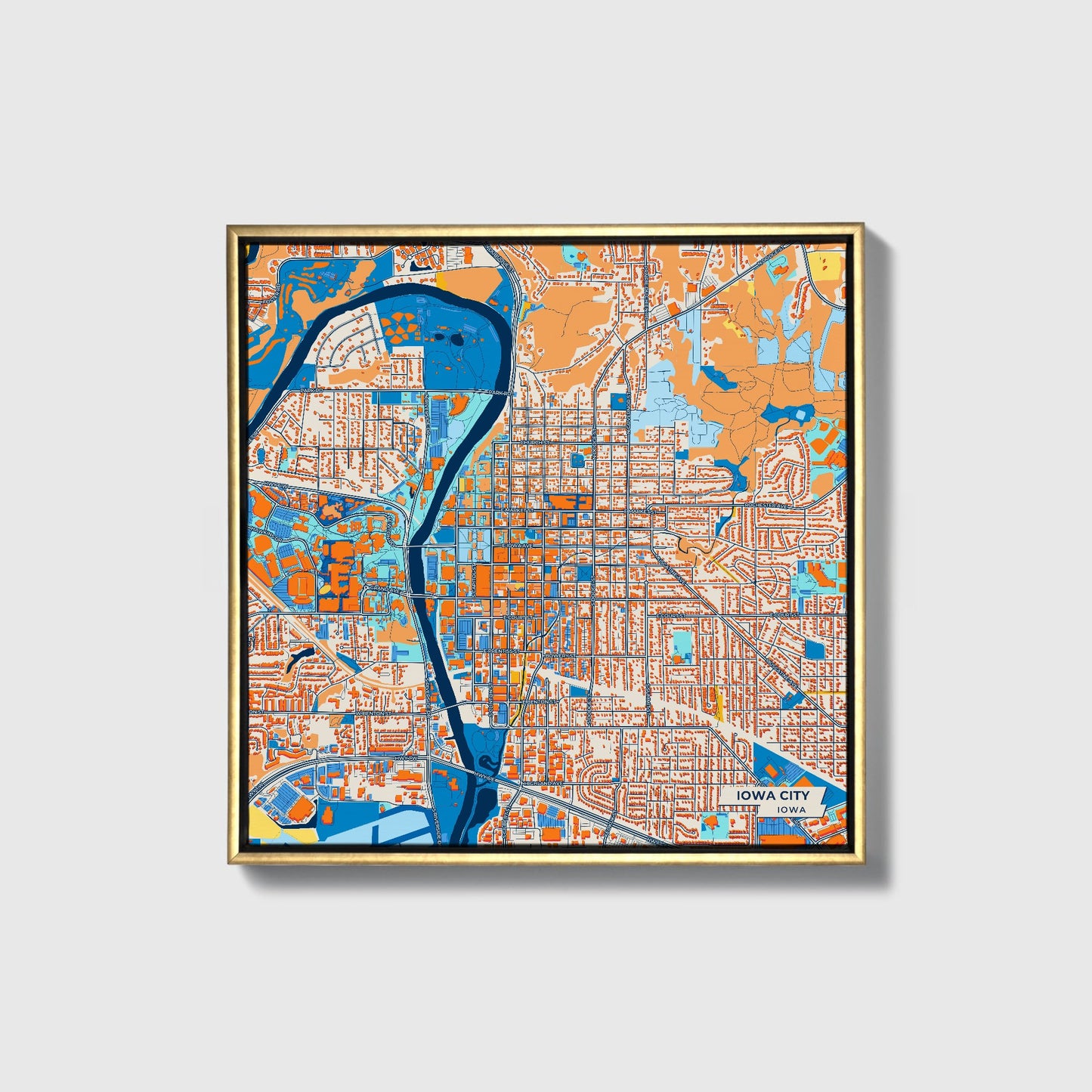 Iowa City Iowa Colorful City Map Canvas Print • Gold Framed