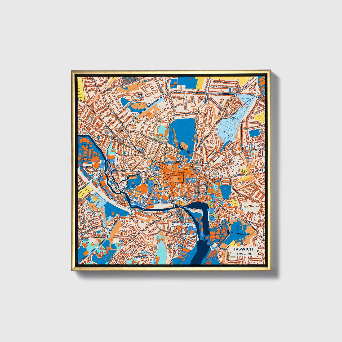 Ipswich England Colorful City Map Canvas Print • Gold Framed