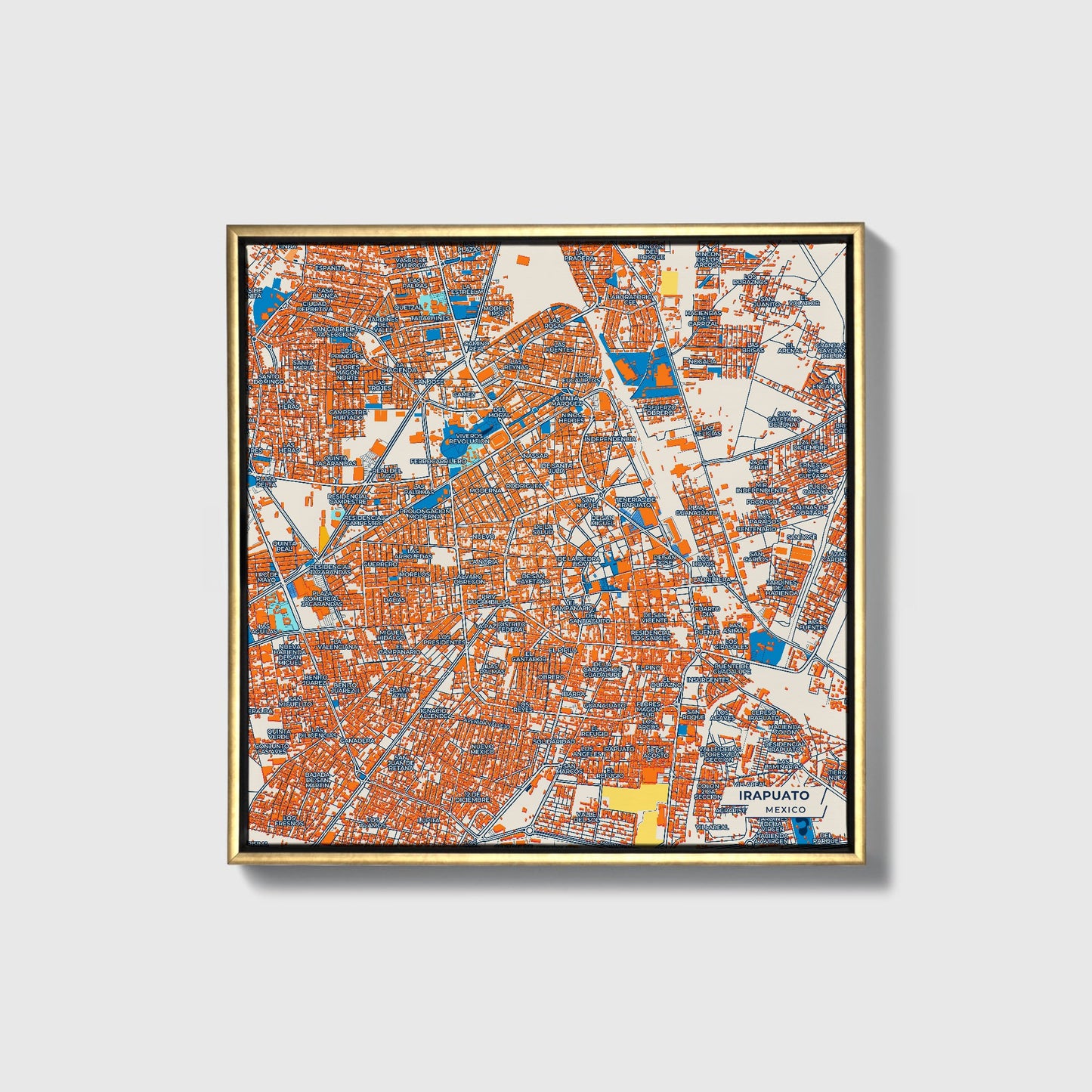 Irapuato Mexico Colorful City Map Canvas Print • Gold Framed