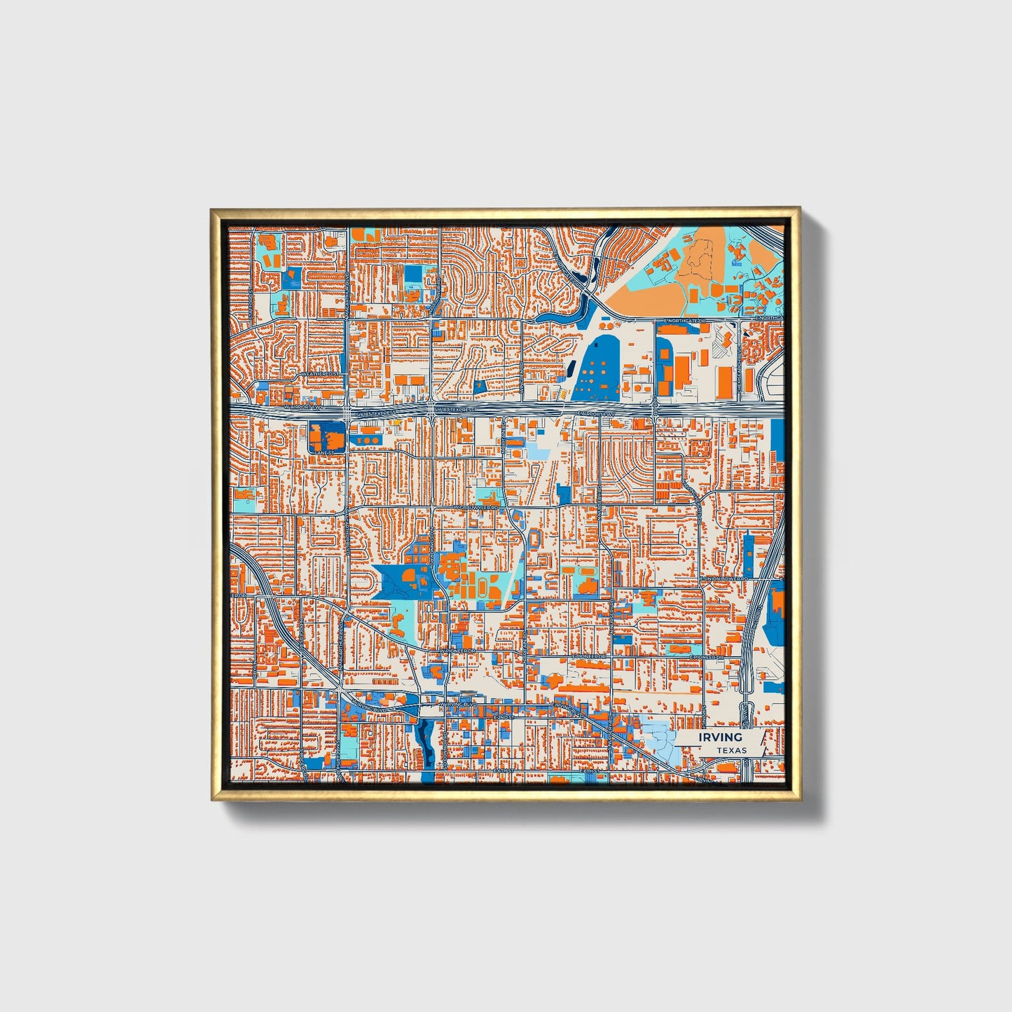 Irving Texas Colorful City Map Canvas Print • Gold Framed