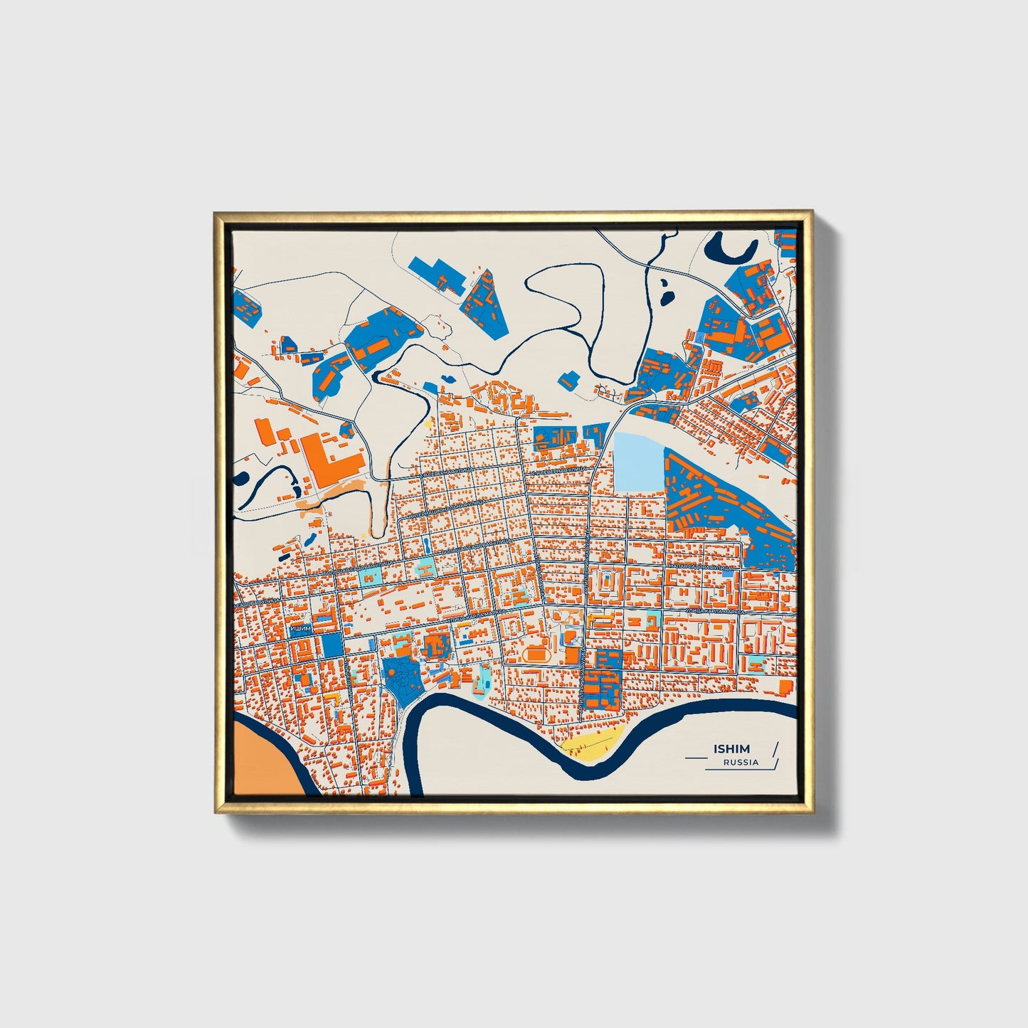 Ишим Russia Colorful City Map Canvas Print • Gold Framed
