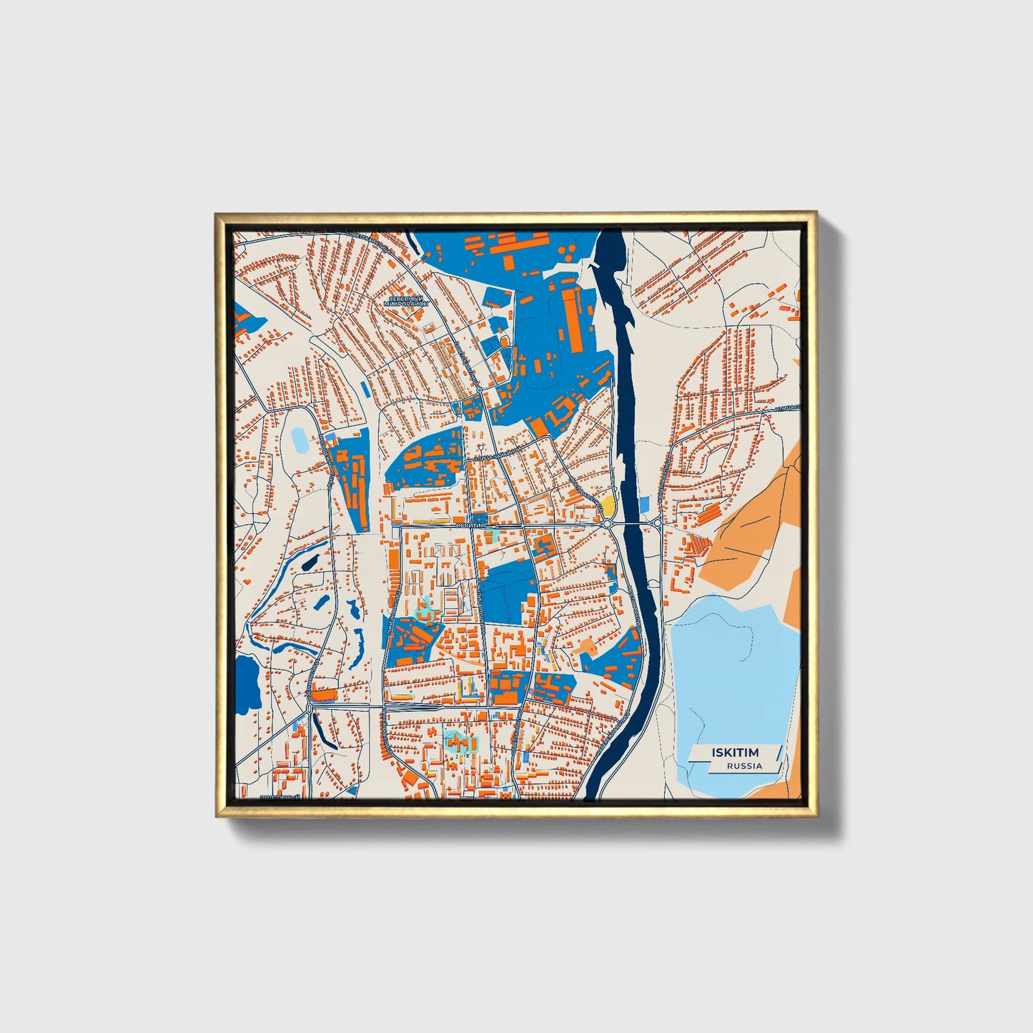 Искитим Russia Colorful City Map Canvas Print • Gold Framed