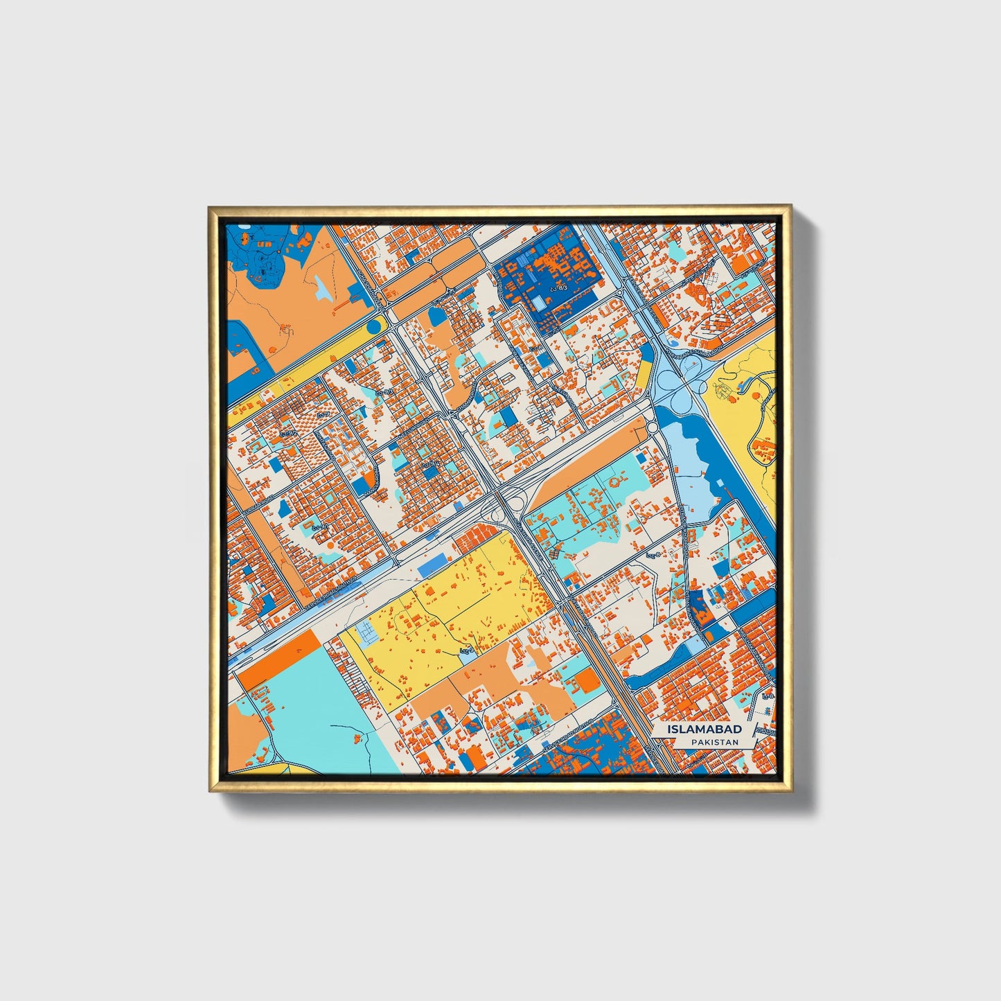 Islamabad Pakistan Colorful City Map Canvas Print • Gold Framed