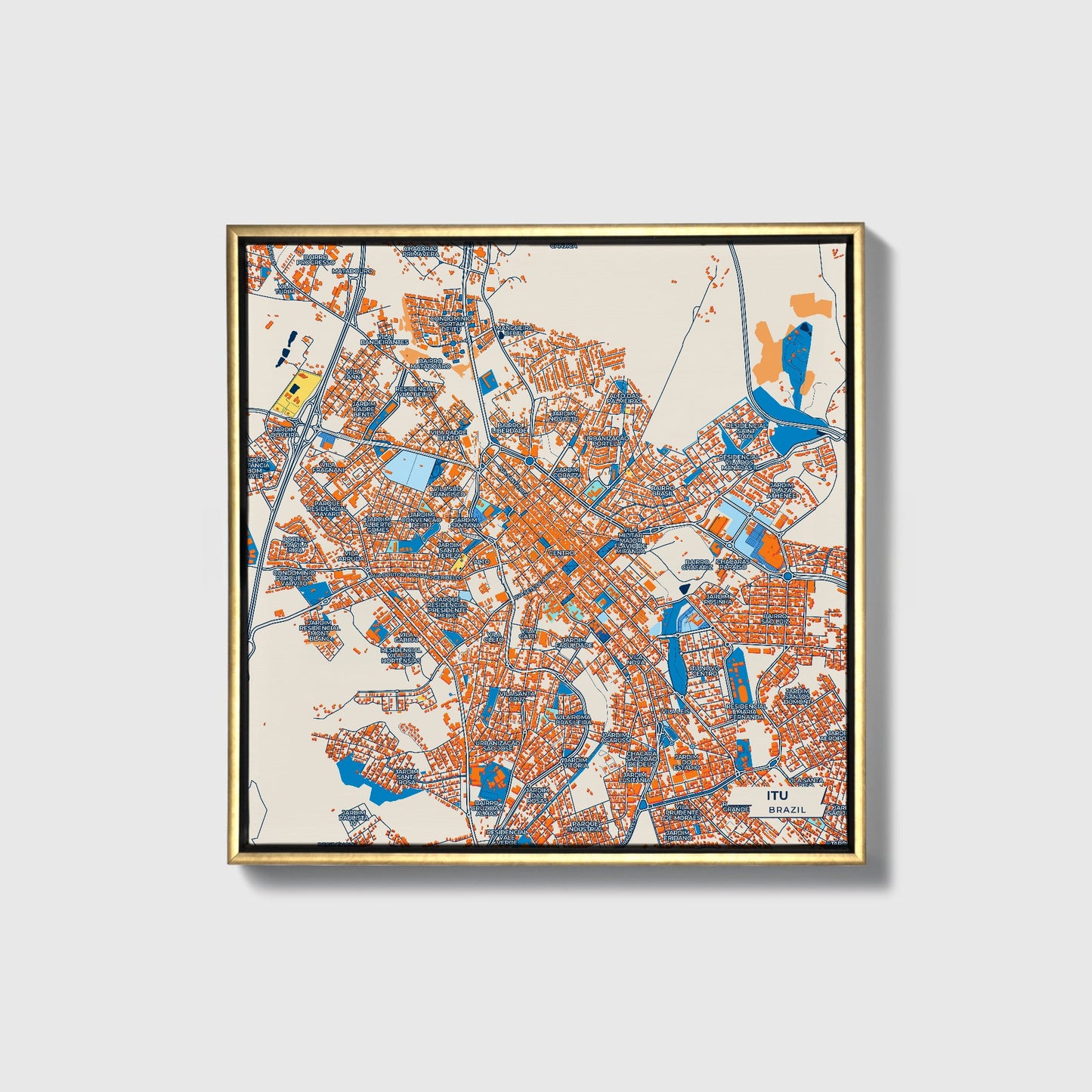 Itu Brazil Colorful City Map Canvas Print • Gold Framed
