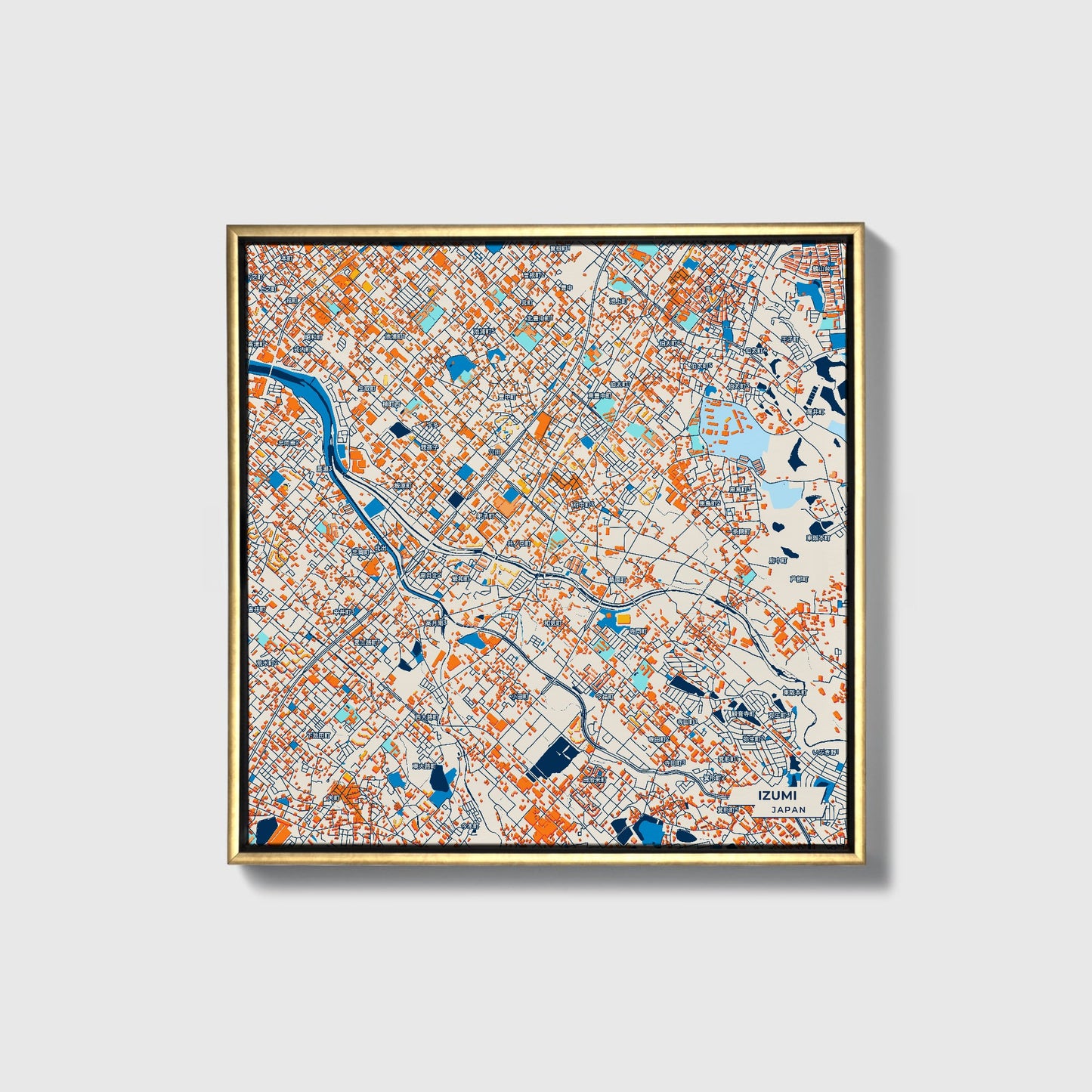 Izumi Japan Colorful City Map Canvas Print • Gold Framed