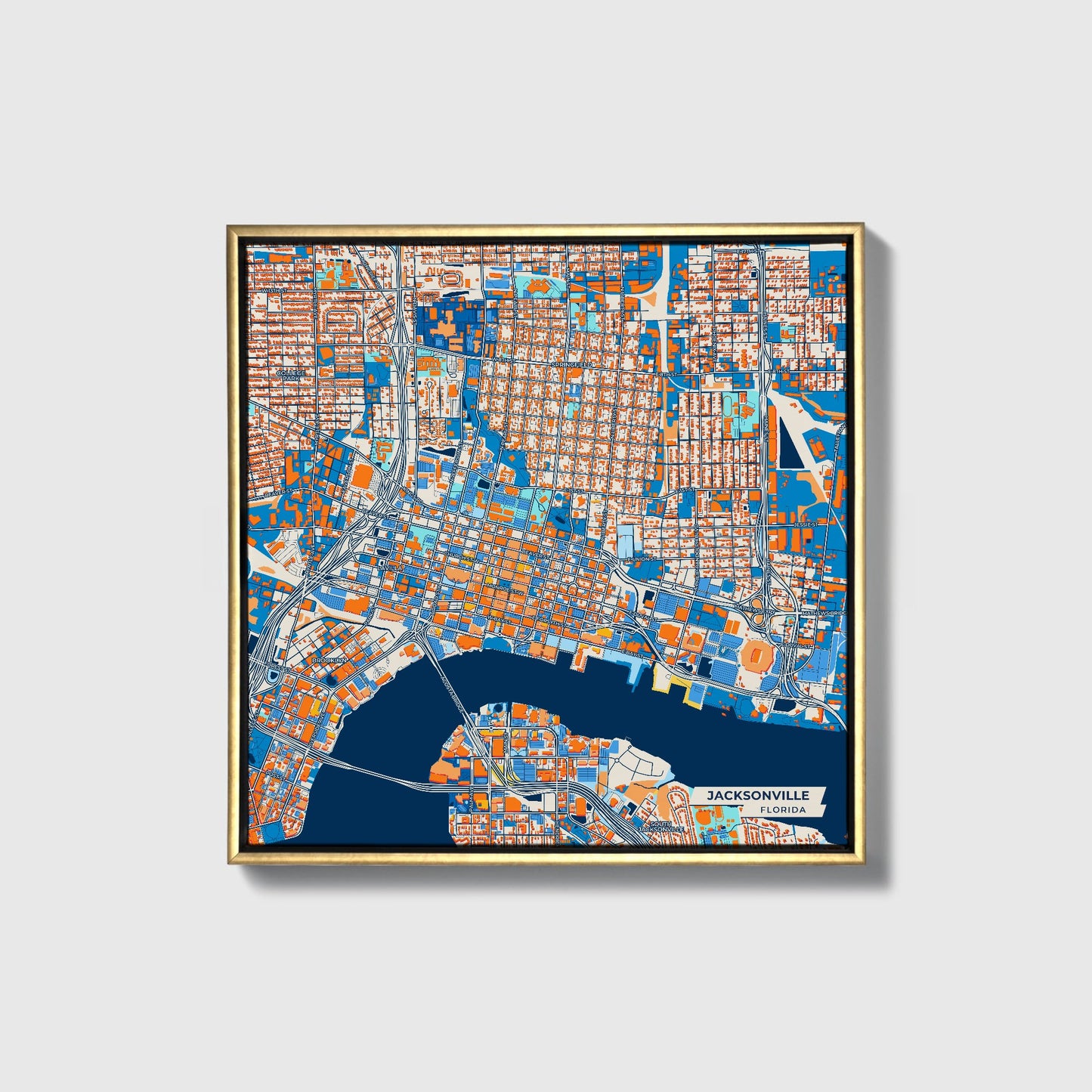 Jacksonville Florida Colorful City Map Canvas Print • Gold Framed