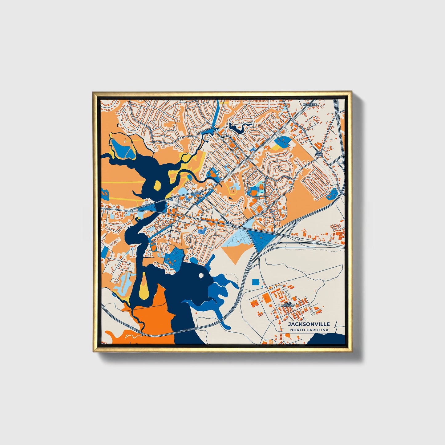 Jacksonville North Carolina Colorful City Map Canvas Print • Gold Framed