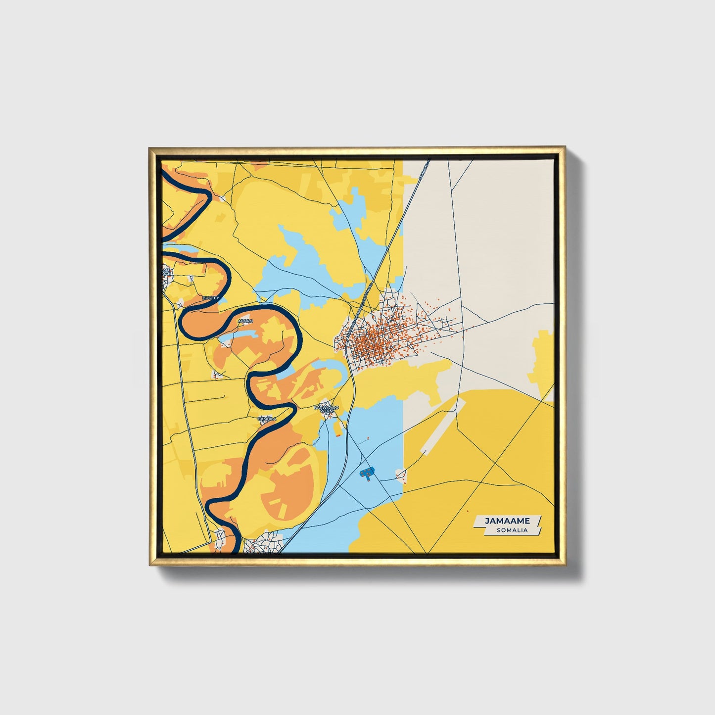 Jamaame Somalia Colorful City Map Canvas Print • Gold Framed