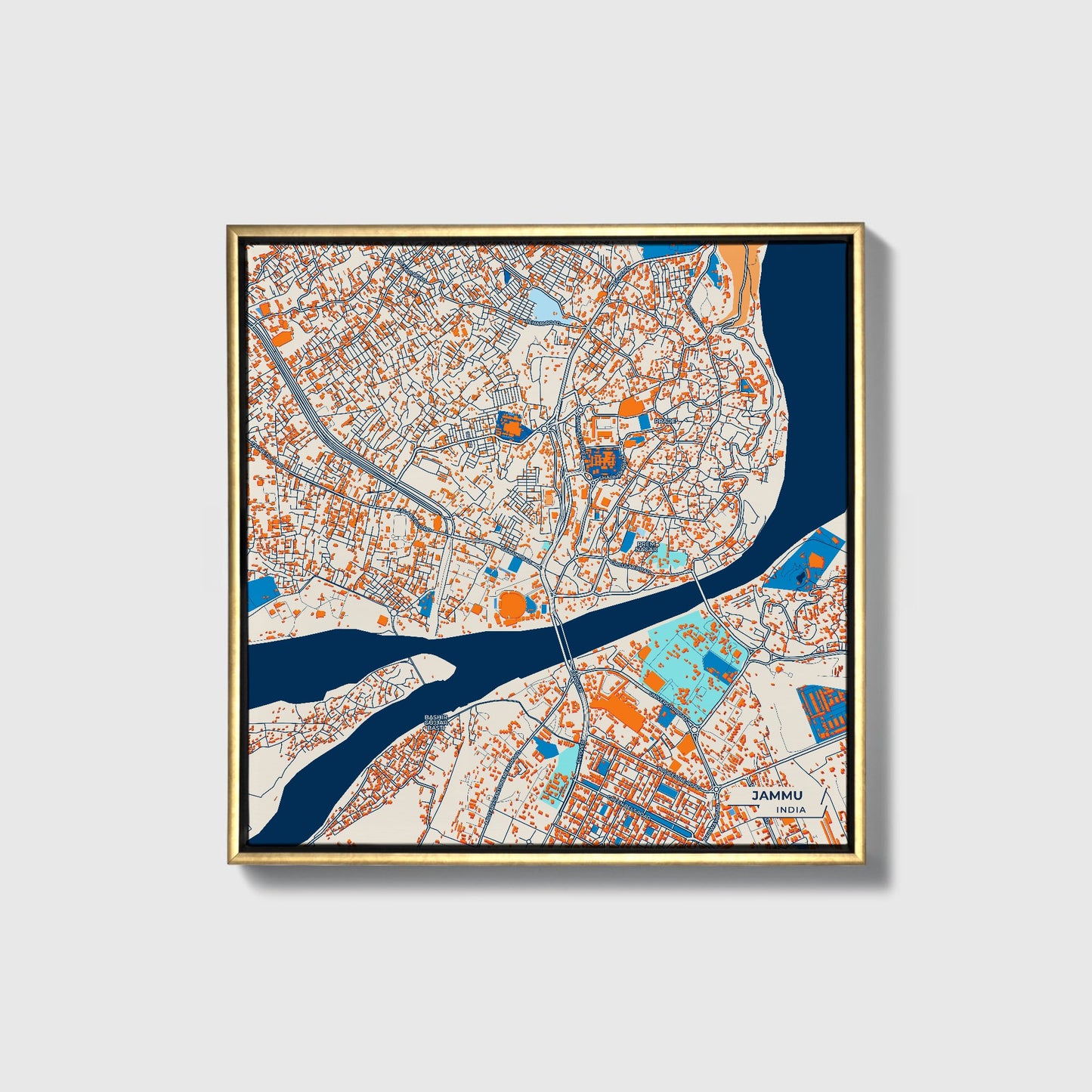 Jammu India Colorful City Map Canvas Print • Gold Framed
