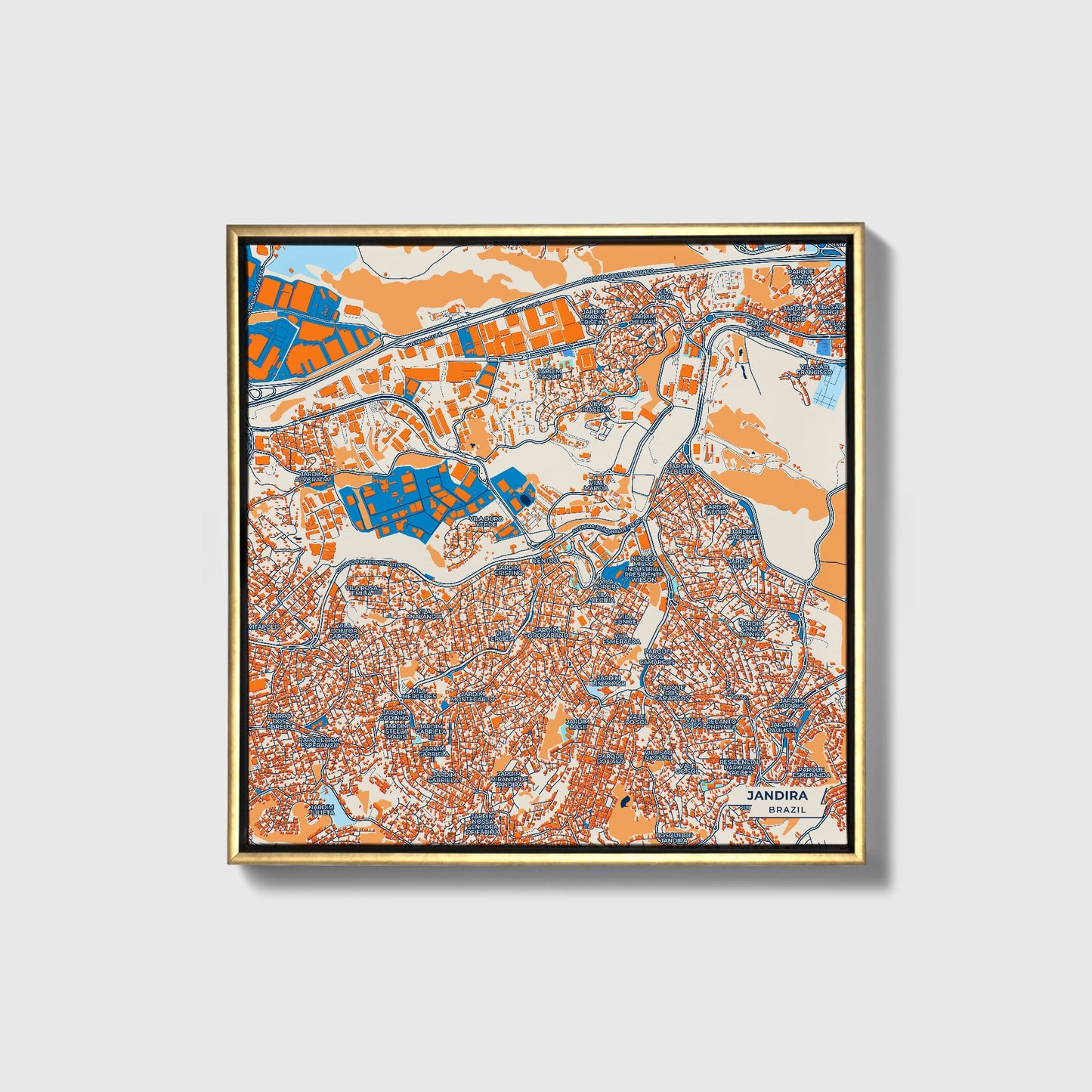 Jandira Brazil Colorful City Map Canvas Print • Gold Framed