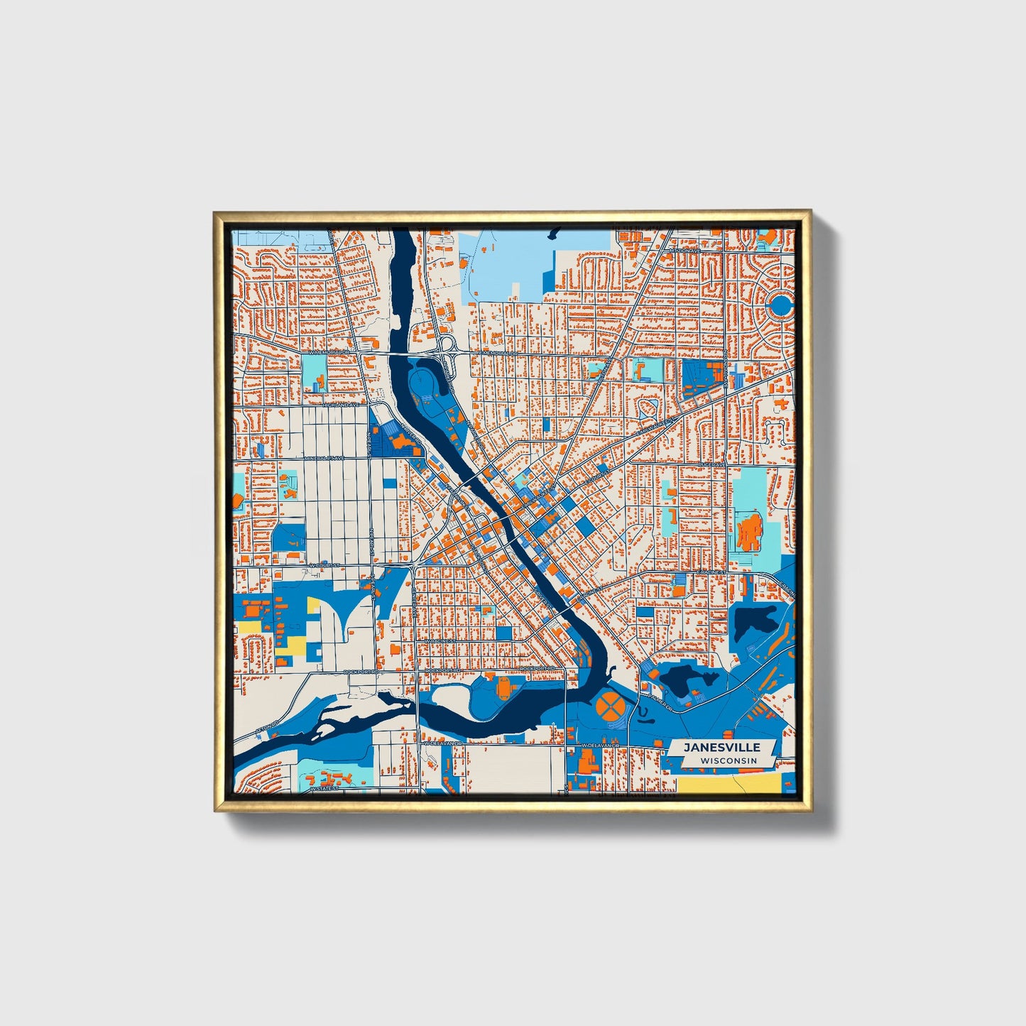Janesville Wisconsin Colorful City Map Canvas Print • Gold Framed