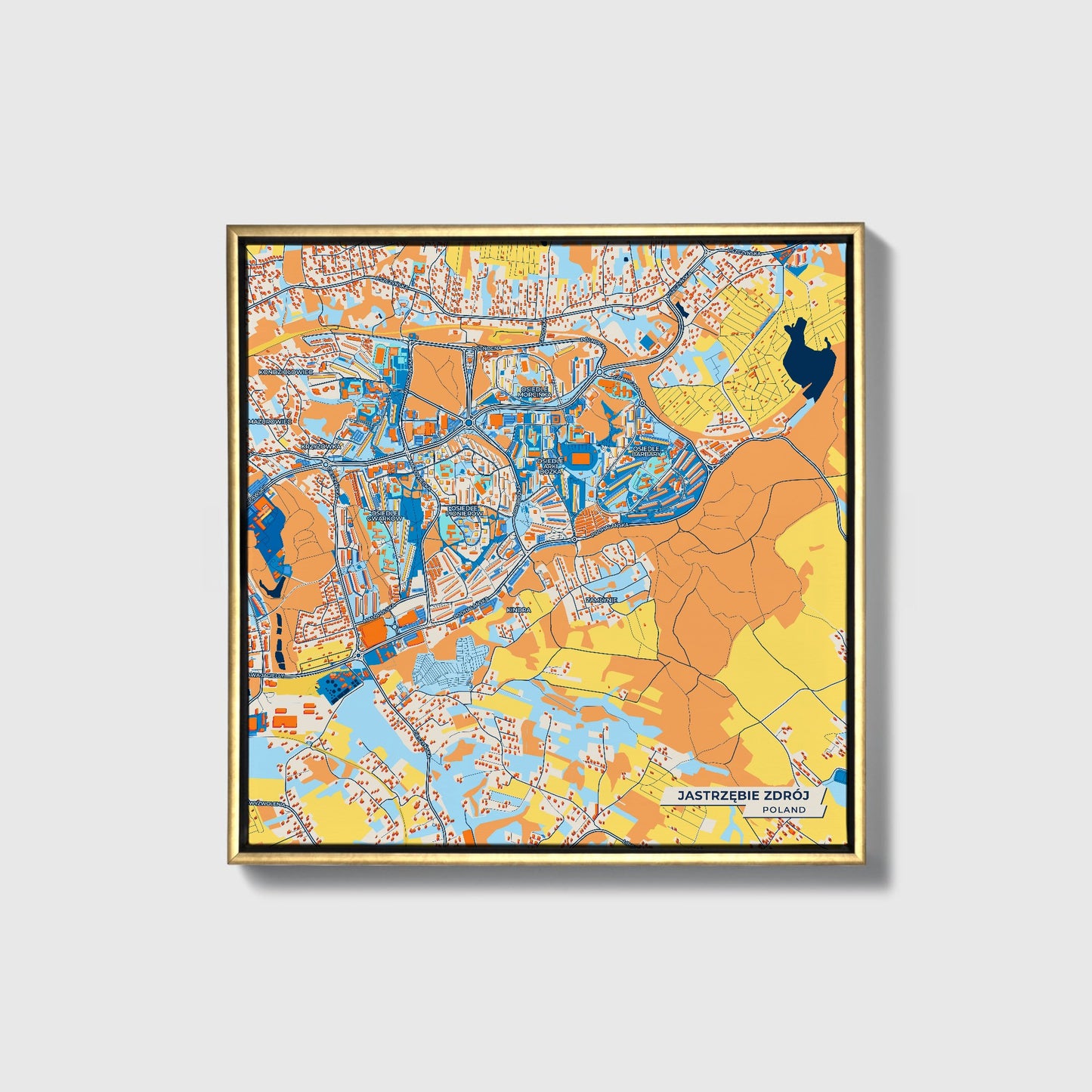 Jastrzębie Zdrój Poland Colorful City Map Canvas Print • Gold Framed