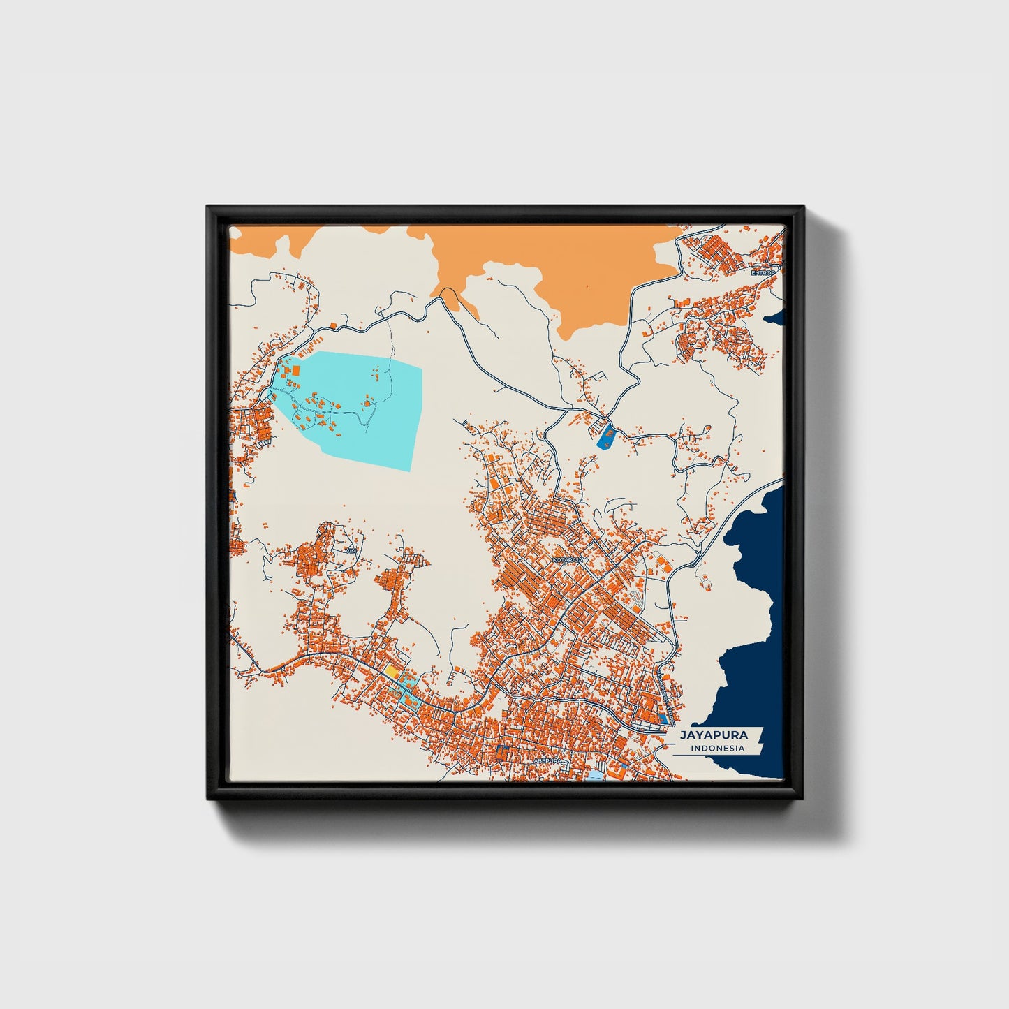 Jayapura Indonesia Colorful City Map Canvas Print • Black Framed
