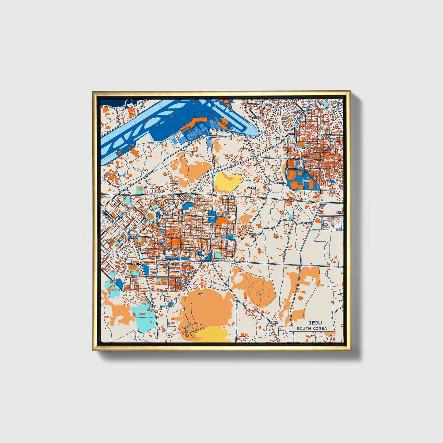 Jeju South Korea Colorful City Map Canvas Print • Gold Framed