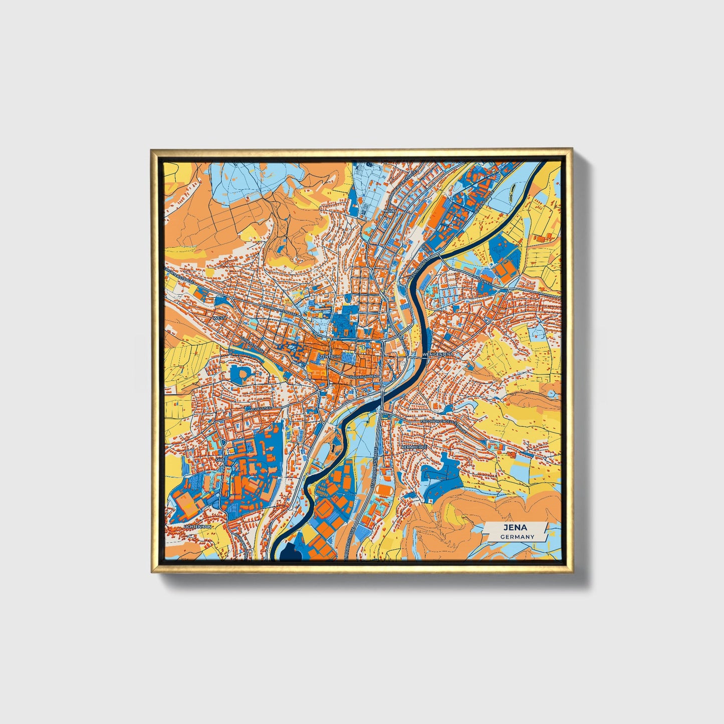 Jena Germany Colorful City Map Canvas Print • Gold Framed