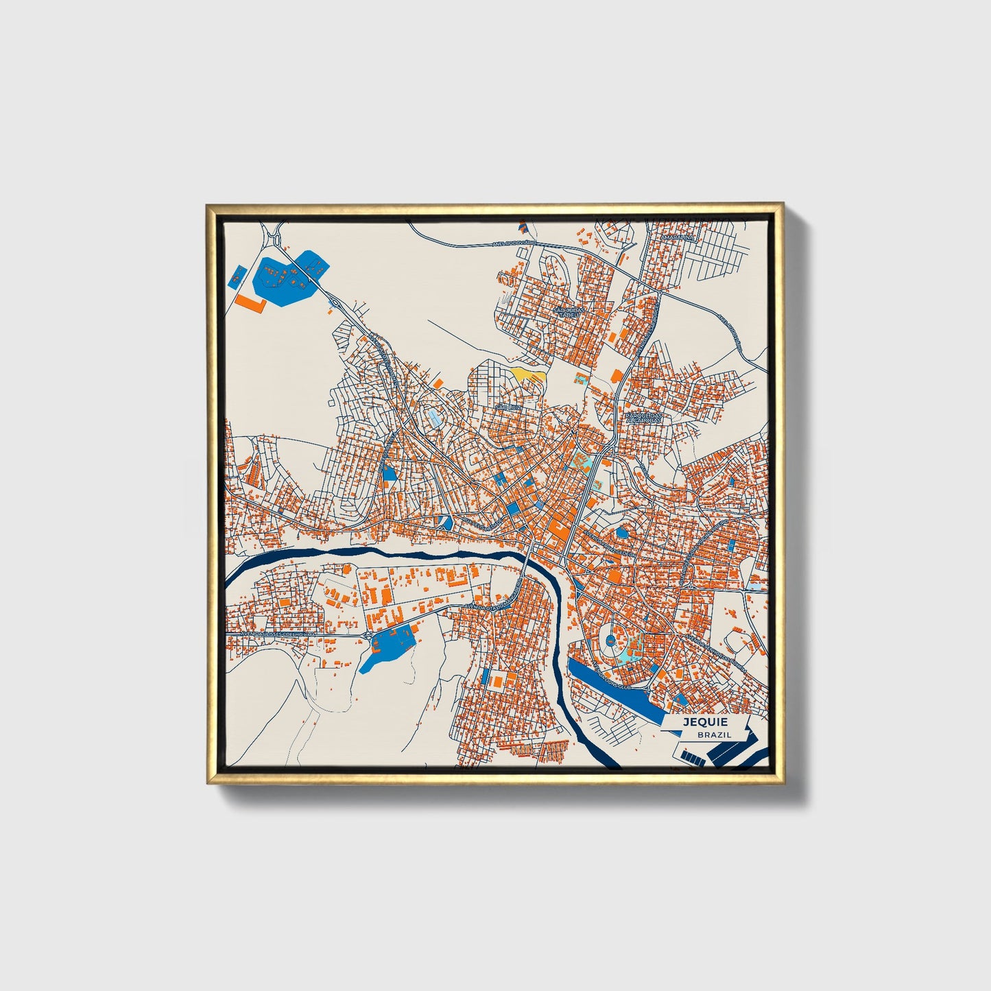Jequie Brazil Colorful City Map Canvas Print • Gold Framed