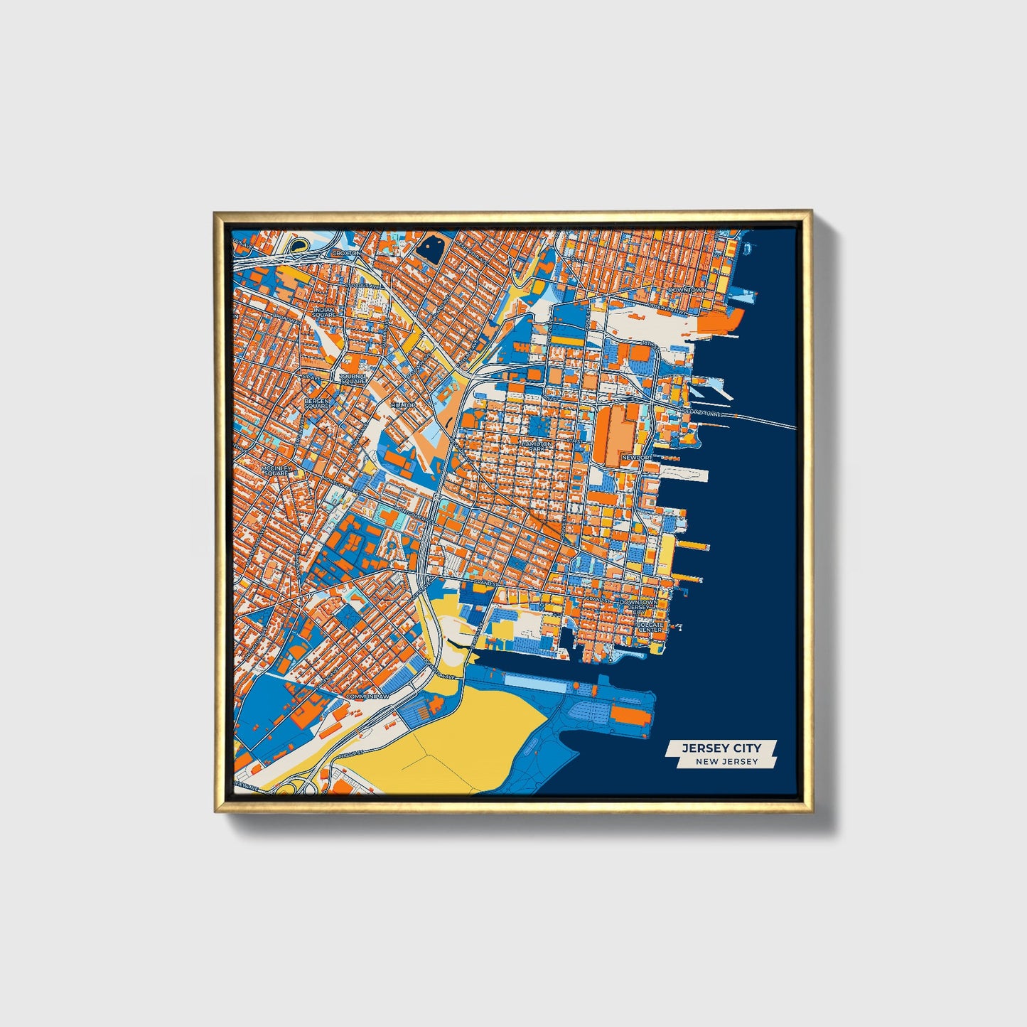 Jersey City New Jersey Colorful City Map Canvas Print • Gold Framed
