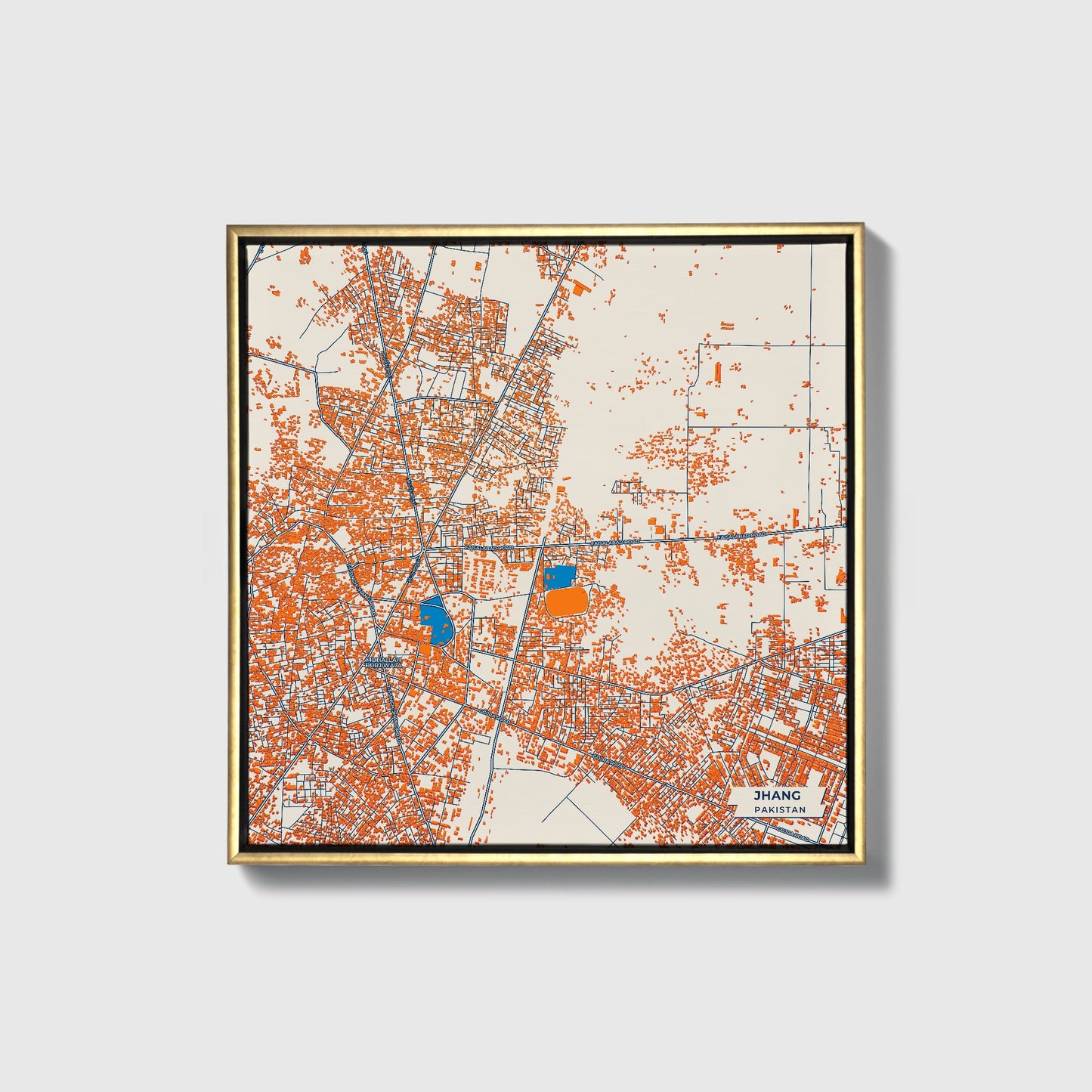 Jhang Pakistan Colorful City Map Canvas Print • Gold Framed