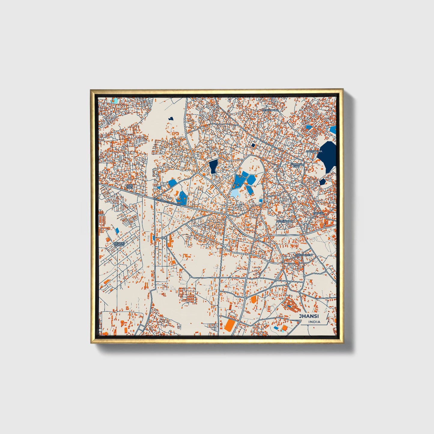 Jhansi India Colorful City Map Canvas Print • Gold Framed