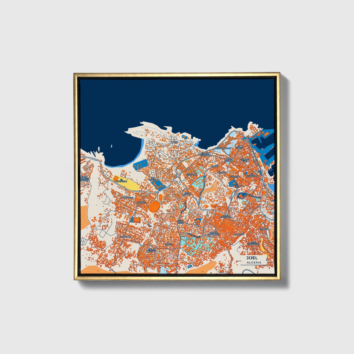 Jijel Algeria Colorful City Map Canvas Print • Gold Framed