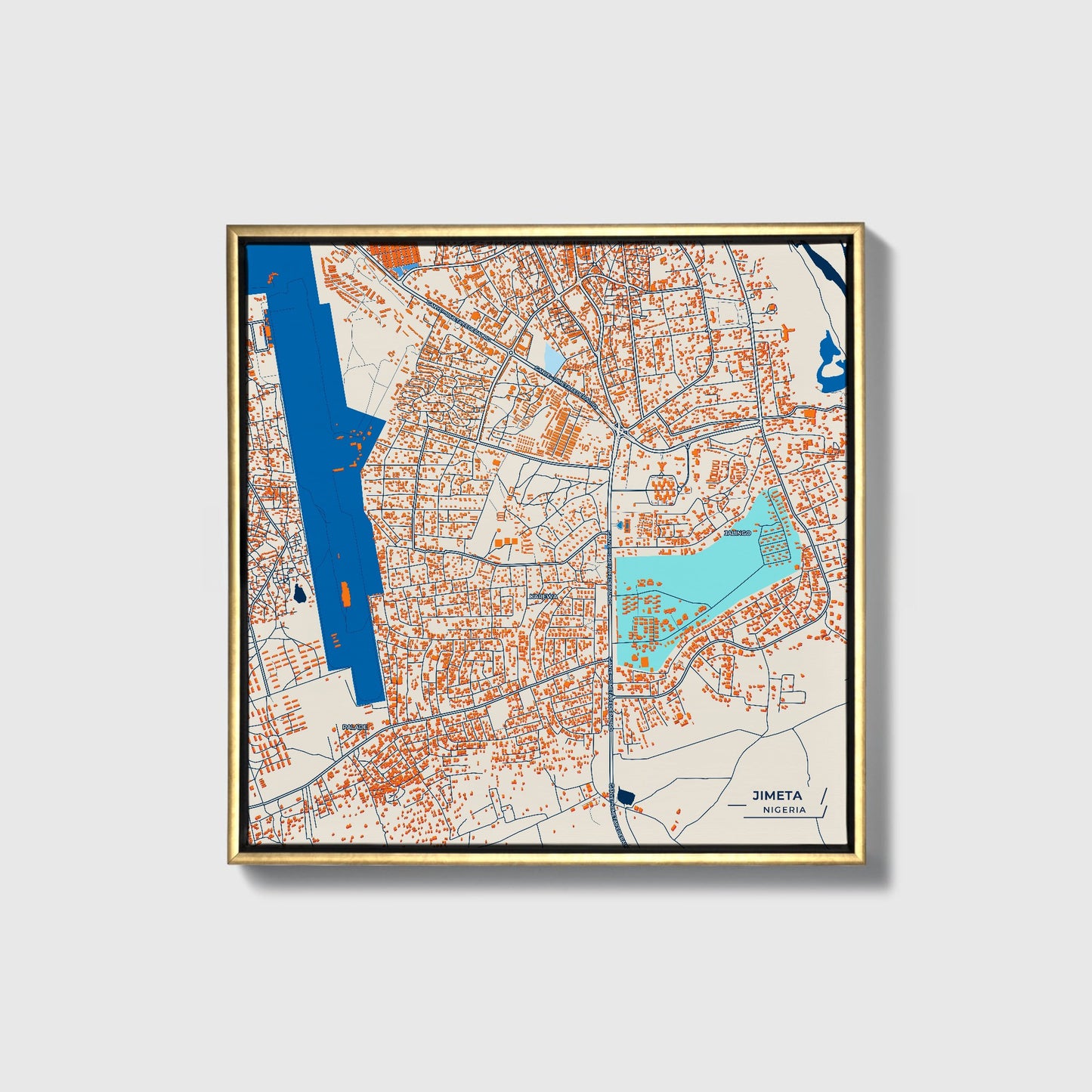 Jimeta Nigeria Colorful City Map Canvas Print • Gold Framed