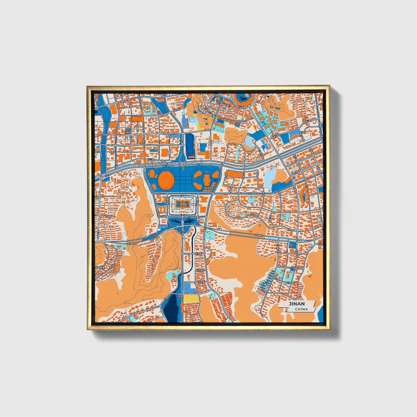 Jinan China Colorful City Map Canvas Print • Gold Framed