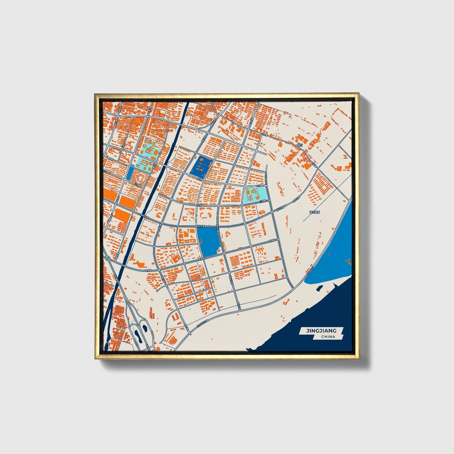 Jingjiang China Colorful City Map Canvas Print • Gold Framed