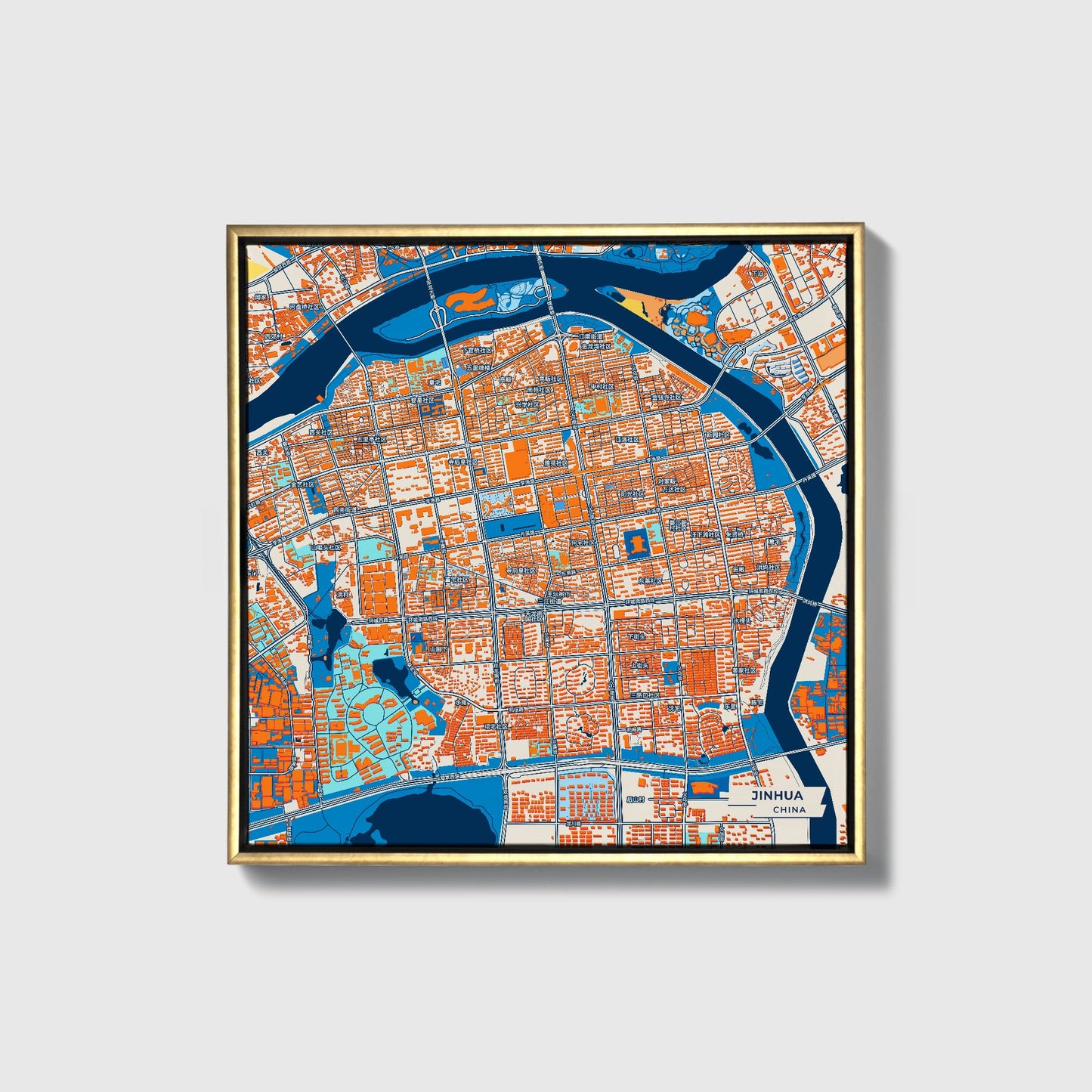 Jinhua China Colorful City Map Canvas Print • Gold Framed