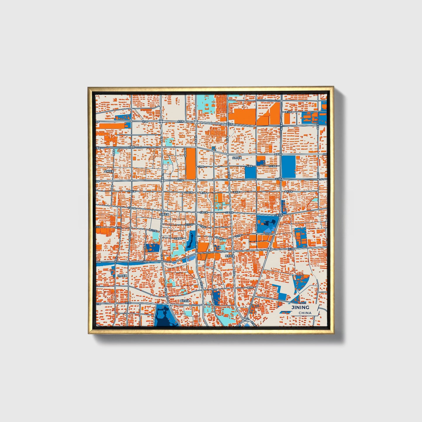Jining China Colorful City Map Canvas Print • Gold Framed
