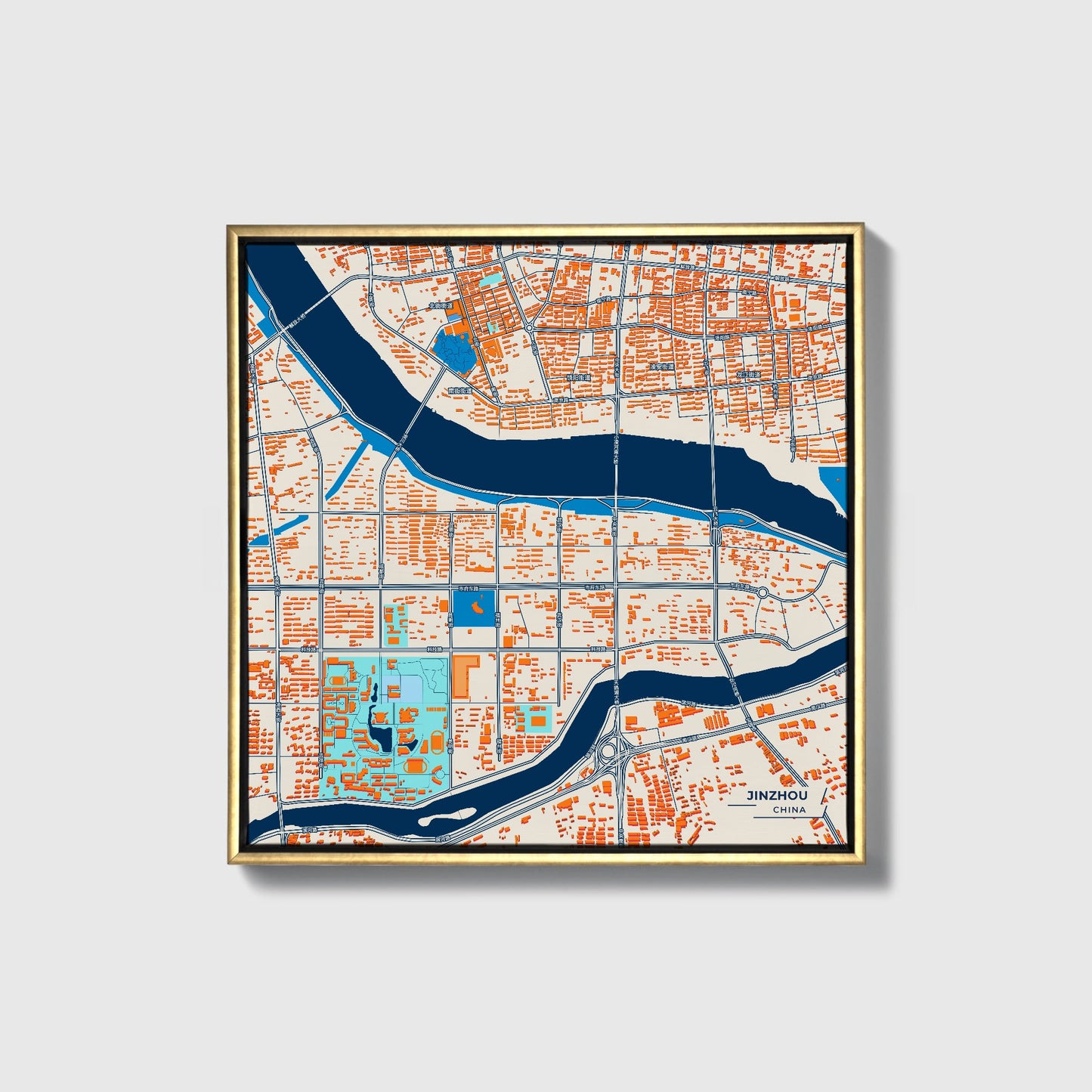 Jinzhou China Colorful City Map Canvas Print • Gold Framed