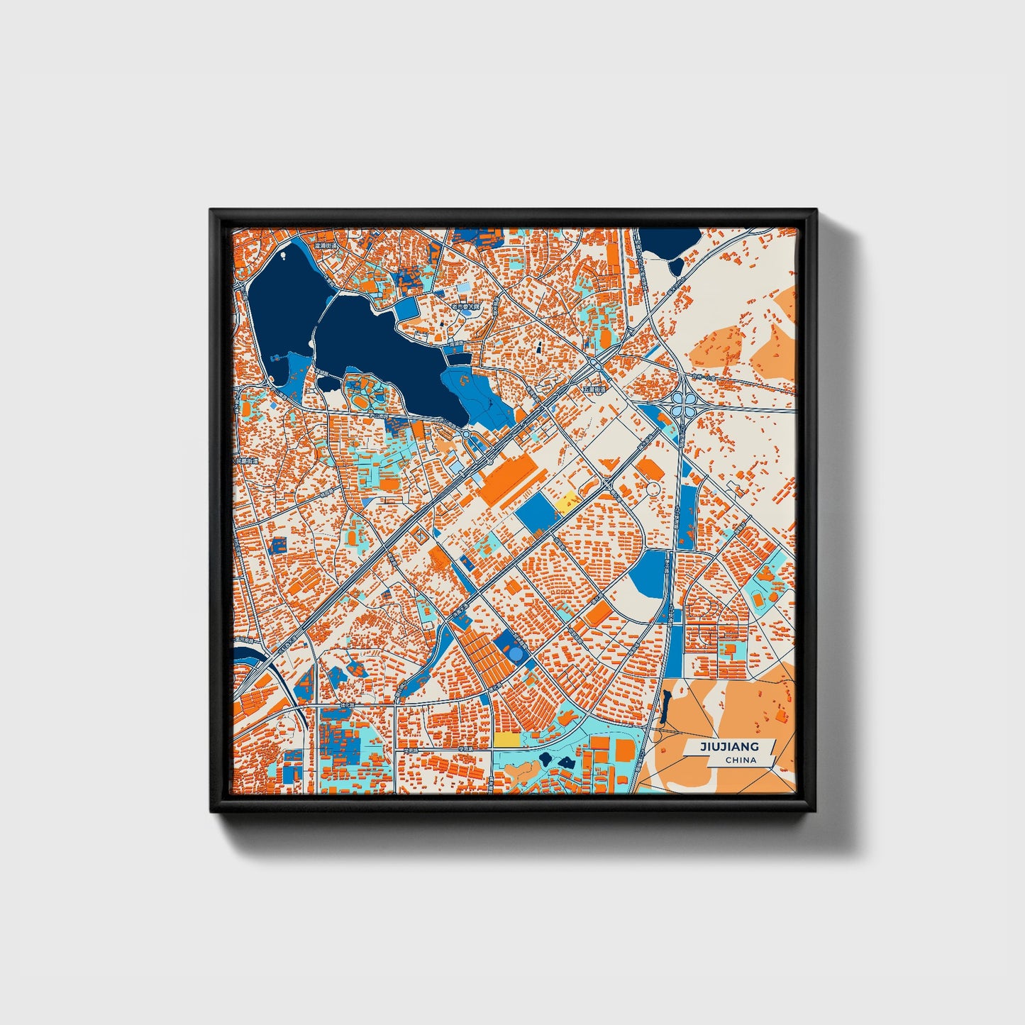 Jiujiang China Colorful City Map Canvas Print • Black Framed