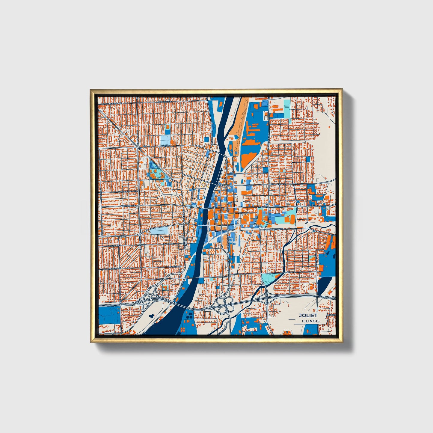 Joliet Illinois Colorful City Map Canvas Print • Gold Framed