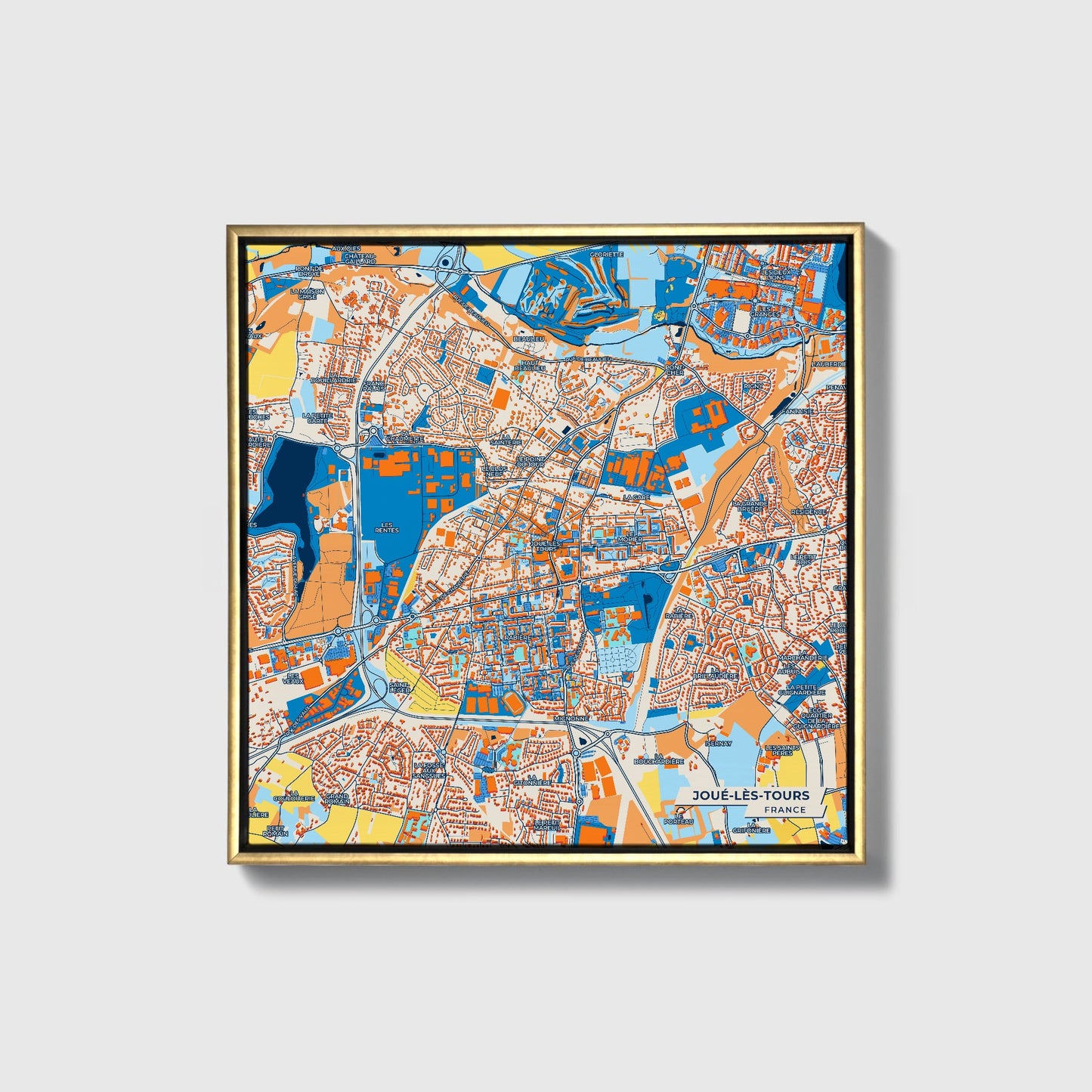 Joué-Lès-Tours France Colorful City Map Canvas Print • Gold Framed
