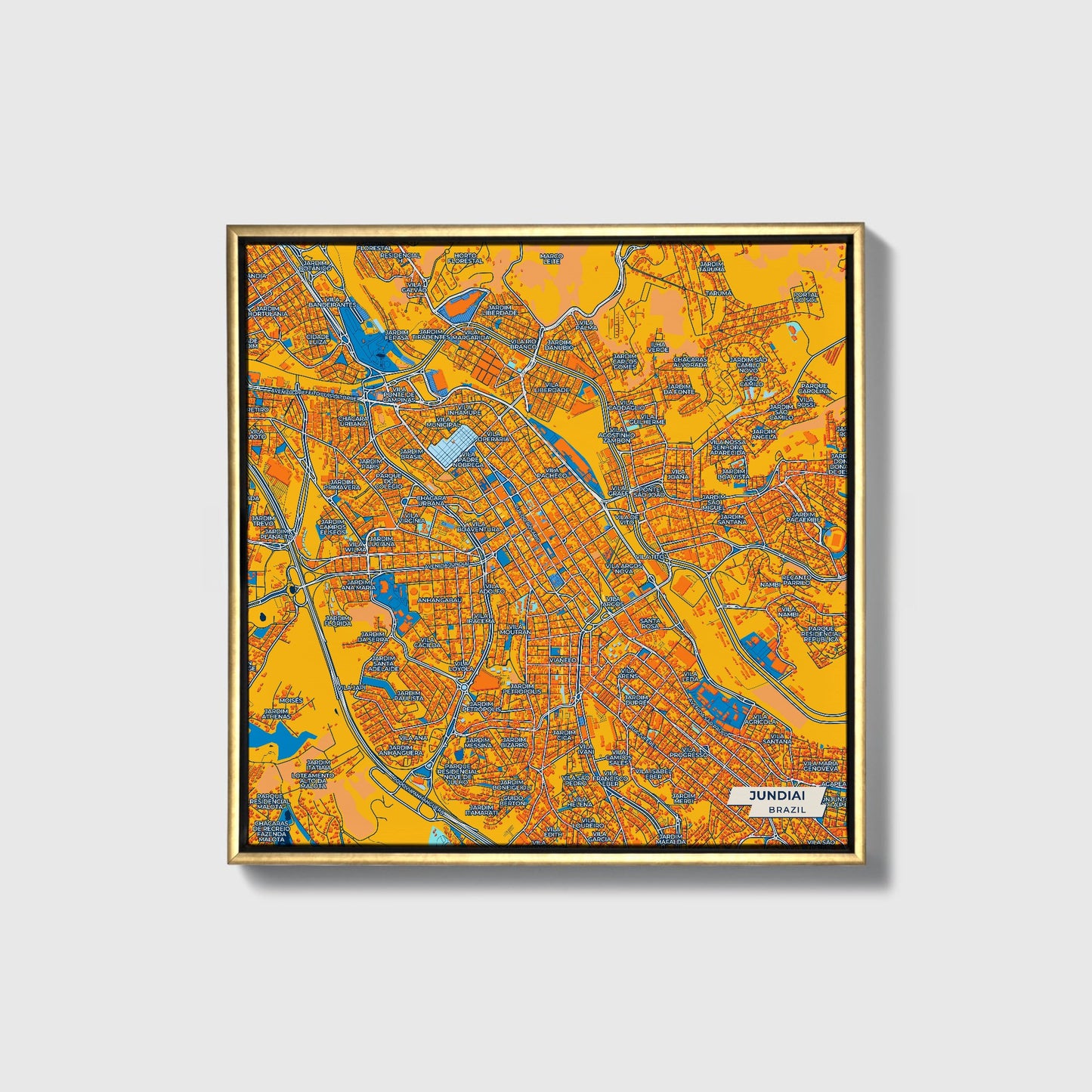 Jundiai Brazil Colorful City Map Canvas Print • Gold Framed