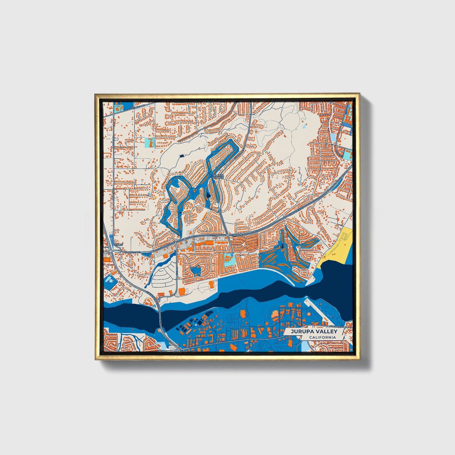 Jurupa Valley California Colorful City Map Canvas Print • Gold Framed