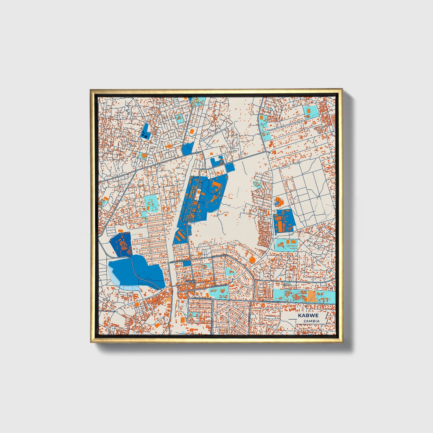 Kabwe Zambia Colorful City Map Canvas Print • Gold Framed